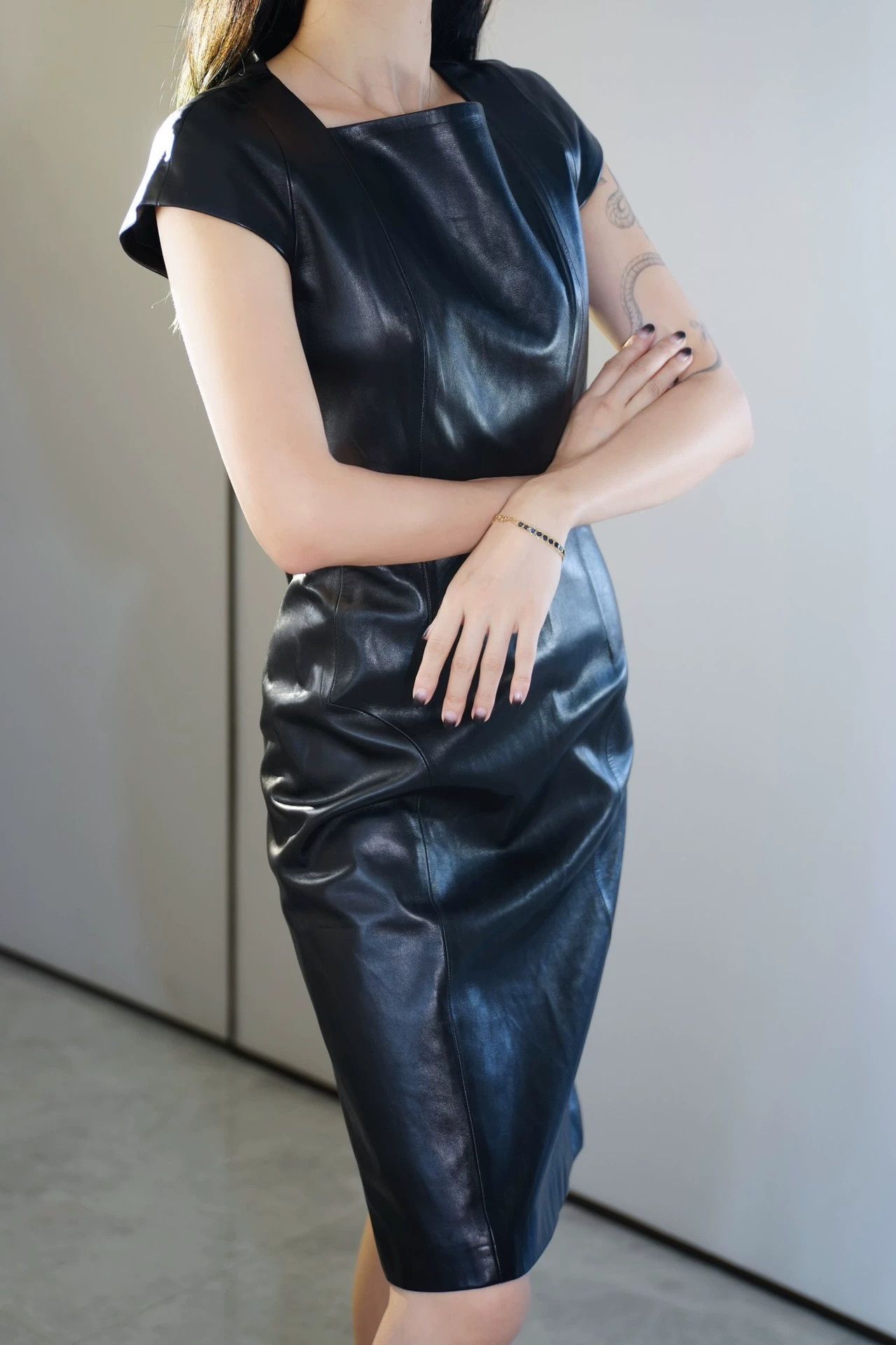 Yves Saint Laurent YSL Rive Gauche Leather Square Neck Dress Size L / US 10 / IT 46 - 2 Thumbnail