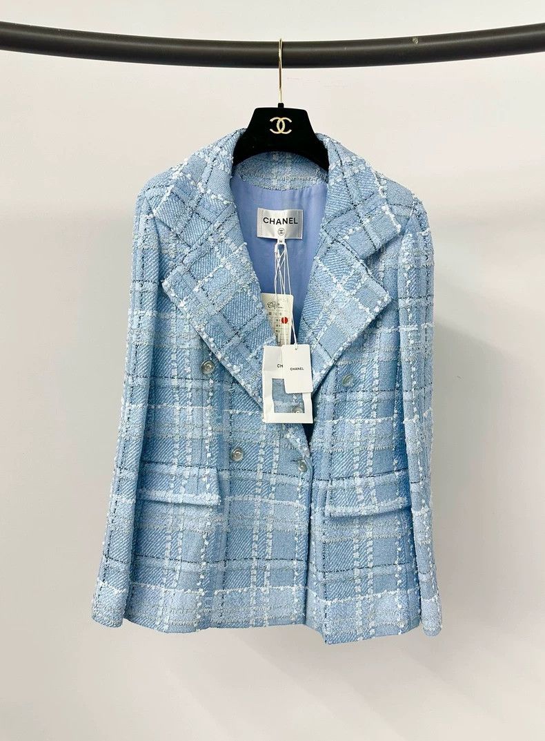 Chanel Chanel Blue Plaid Tweed Coat - dmc Size US M / EU 48-50 / 2 - 1 Thumbnail