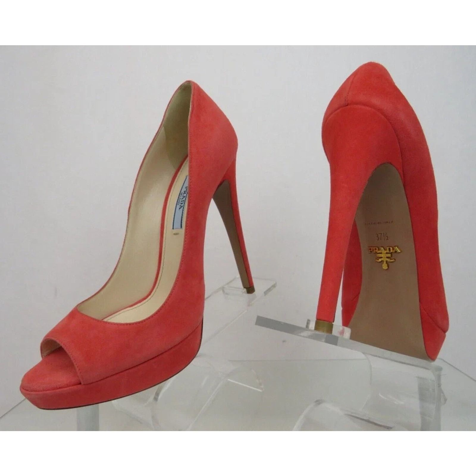 Prada PRADA 1KP150 CORAL SUEDE GOLD LOGO PLATFORM PUMPS 37.5 ITALY Size US 7.5 / IT 37.5 - 4 Thumbnail