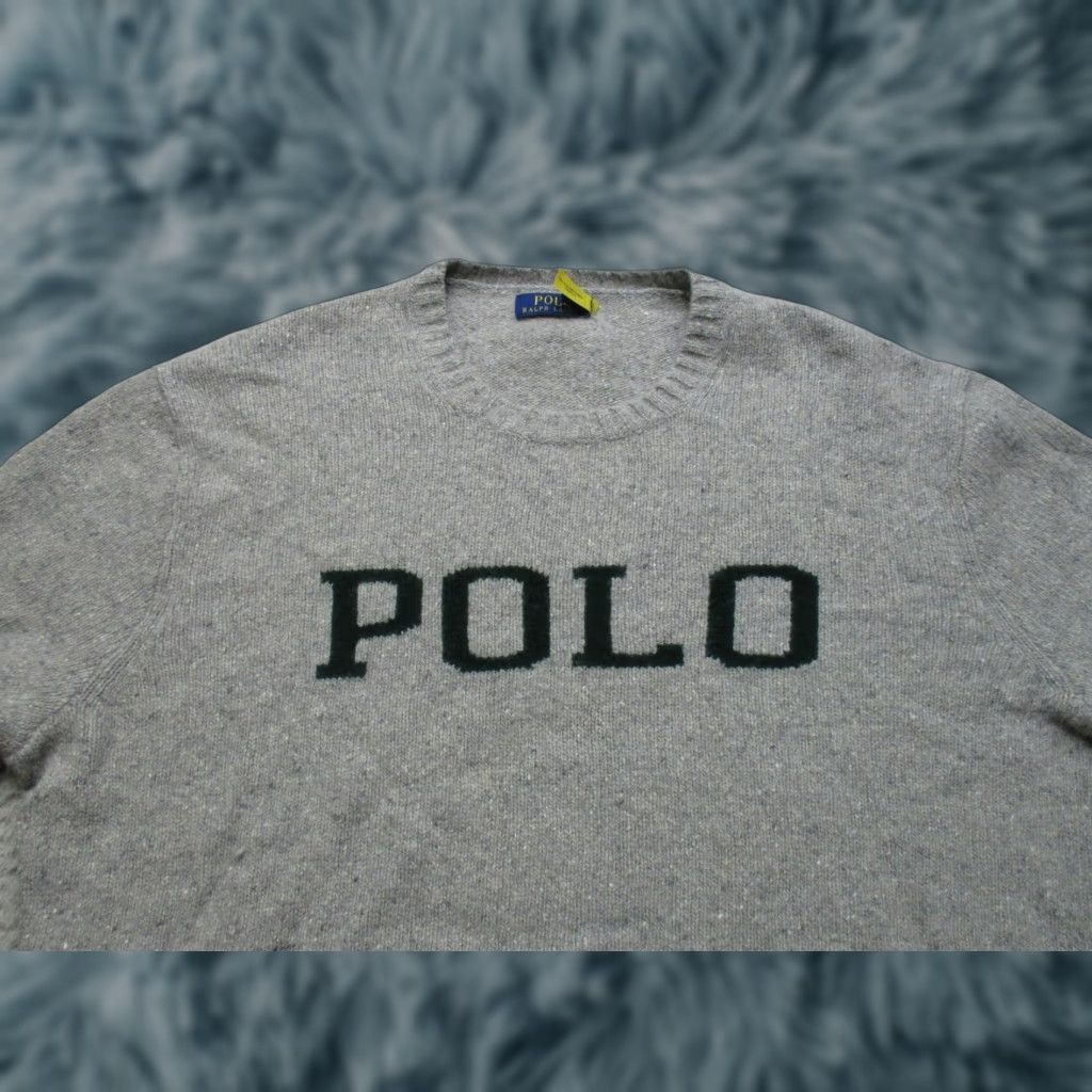 VINTAGE Polo Ralph Lauren Sweater Mens 2XL Gray POLO Spellout Wool Crewneck Pullover