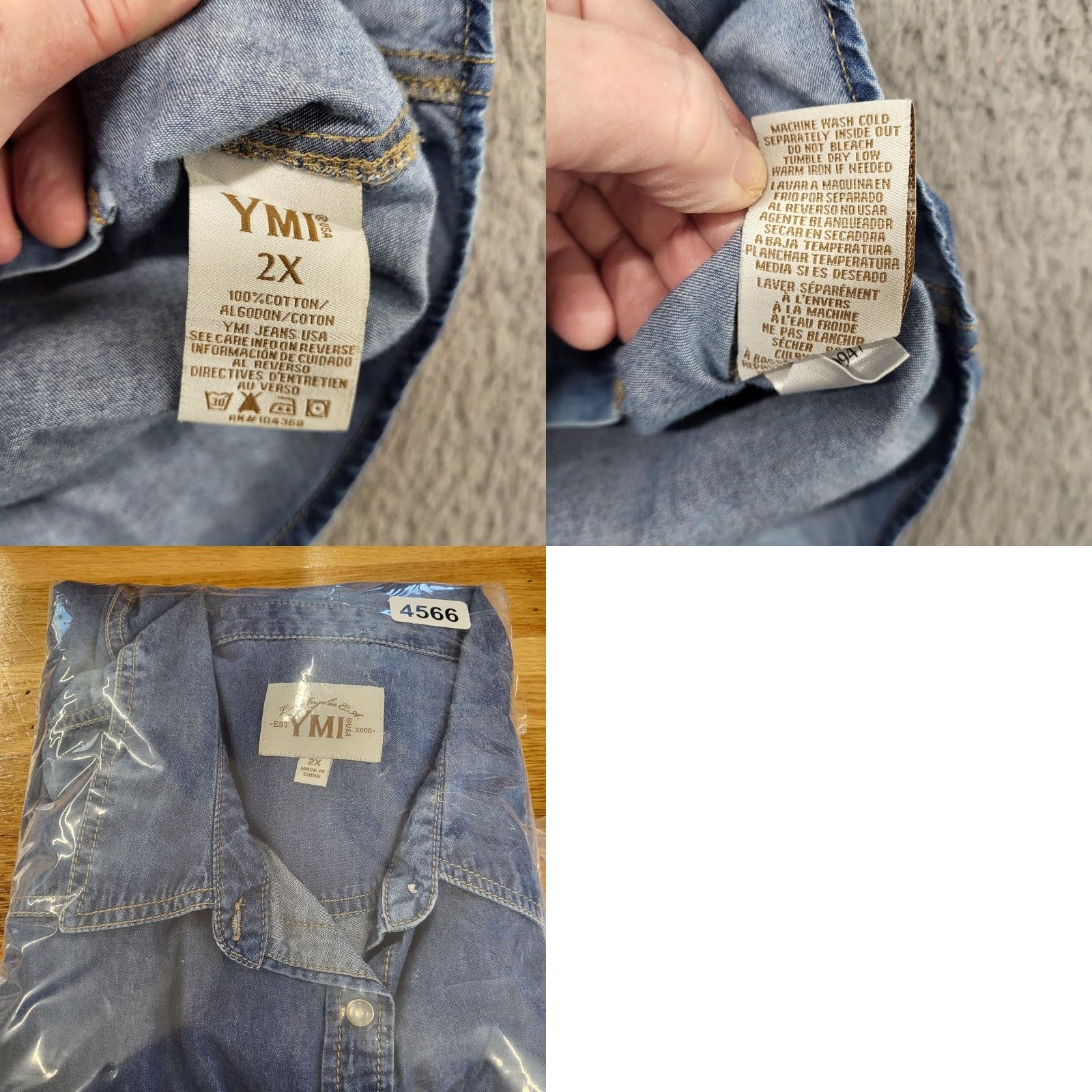 Vintage YMI Jean Shirt Women's 2X Blue Top 100% Cotton Snap Long Sleeve Distressed Blouse Shirt Men? Wait. No extra text. Size XXL / US 16-18 / IT 52-54 - 9 Thumbnail