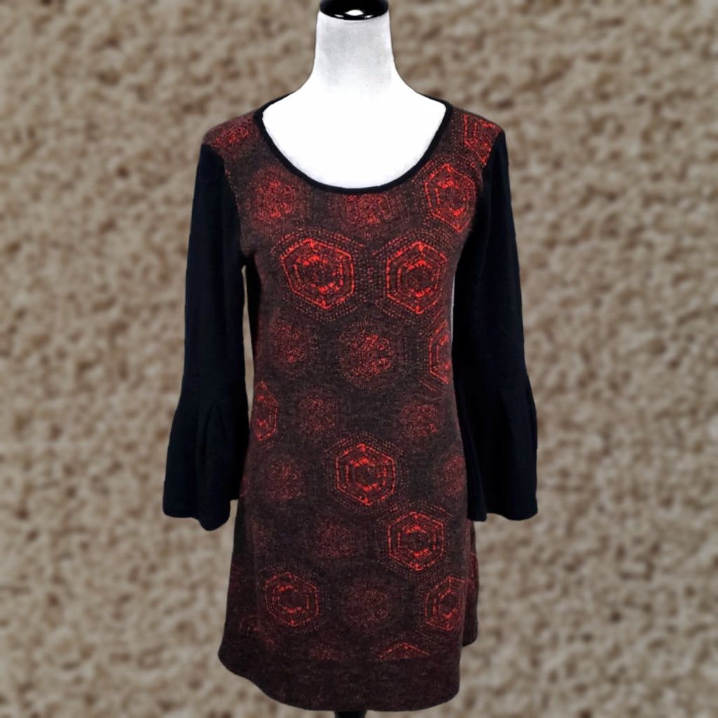 Anthropologie Aryeh Sweater Dress Womens Small Mini Bell Sleeve Multicolor Geometric Boho Casual Size S / US 4 / IT 40 - 1 Thumbnail