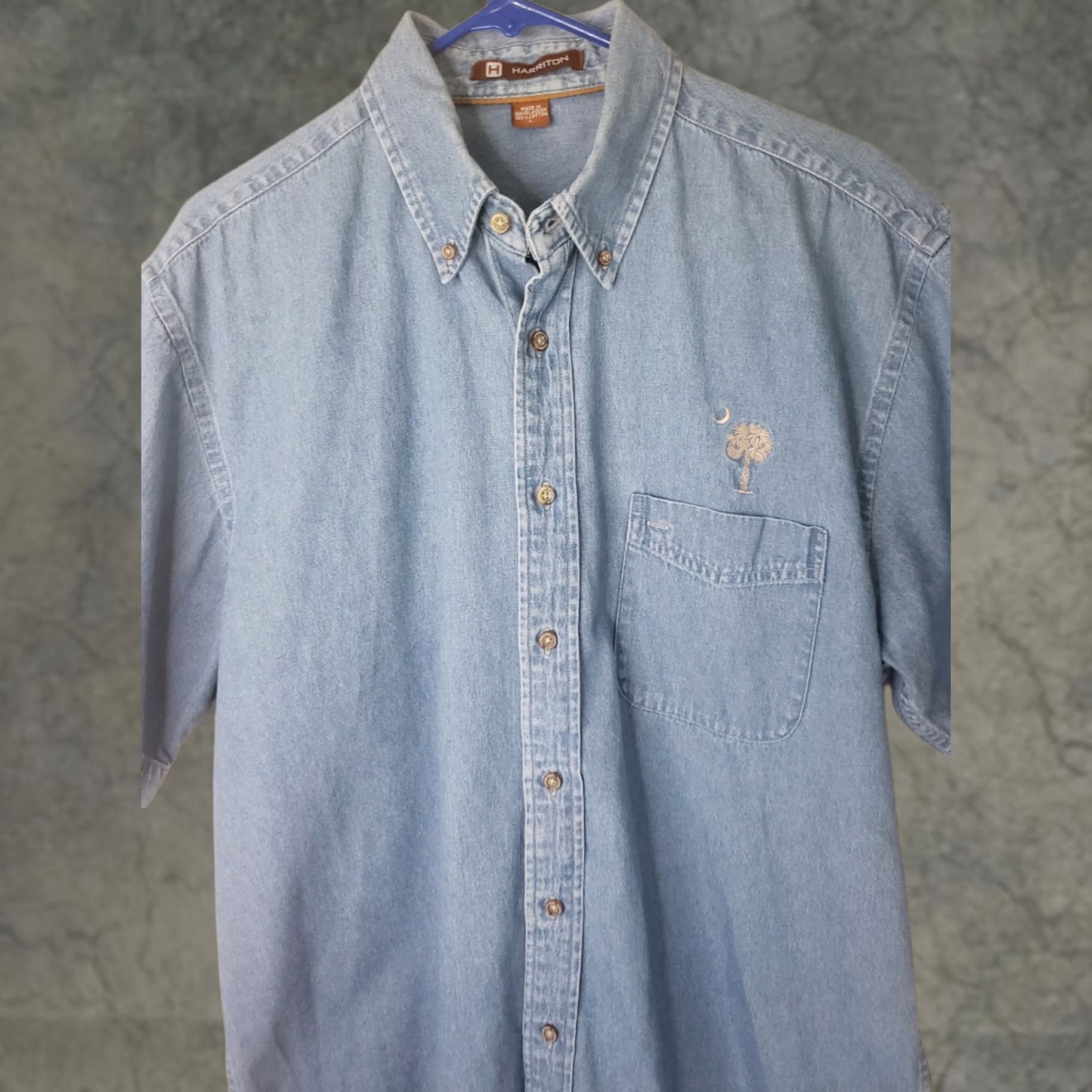 Denime Harrinton Denim Shirt Men's L Short Sleeve Button-Up SC Flag Embroidered Palmetto Crescent Moon Blue Denim Shirt Size US L / EU 52-54 / 3 - 1 Thumbnail