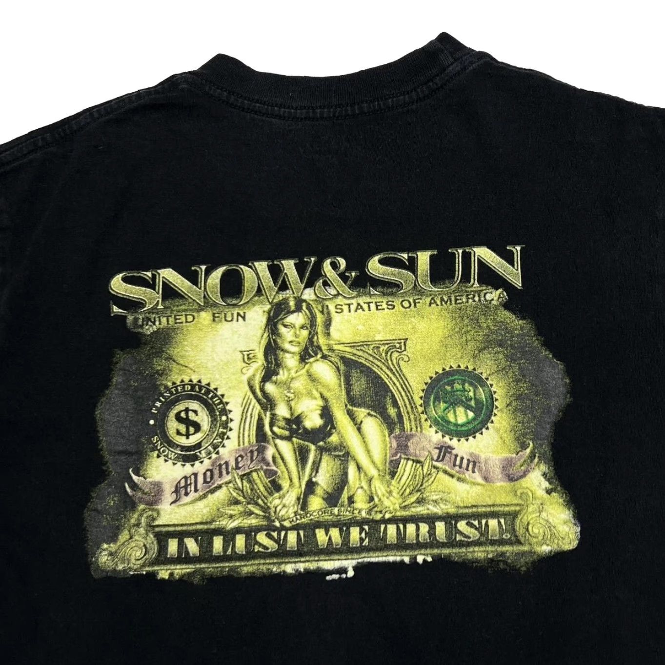 Vintage Snow & Sun “In Lust We Trust” Dollar Bill Cash Graphic T-Shirt Black Medium Mens Size US M / EU 48-50 / 2 - 3 Thumbnail