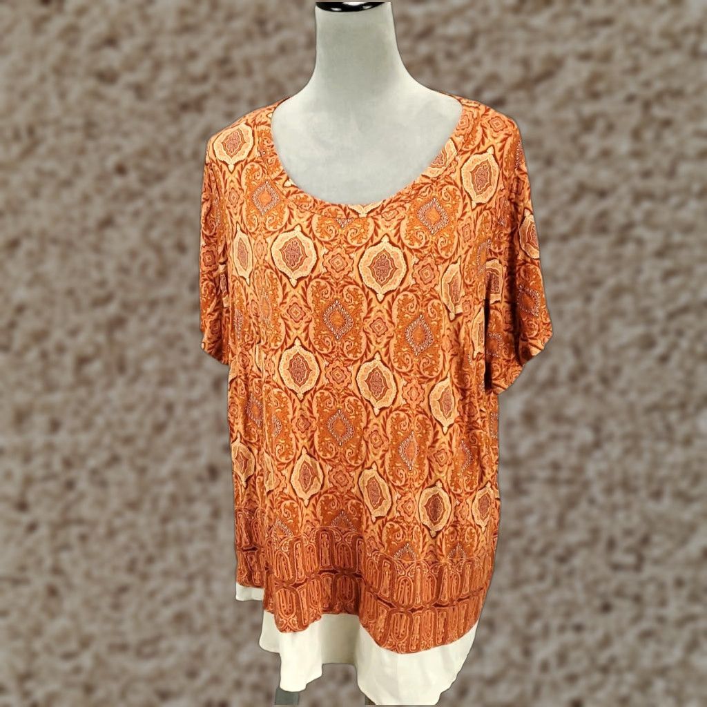 Vintage Womens Blouse 2X Orange Chiffon Trim Stretch Layered Look Top Geometric Rose And Olive Blouse Shirt Casual Womens 2X Orange Geometric Bohemian style Size XXL / US 16-18 / IT 52-54 - 1 Thumbnail