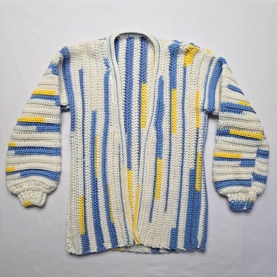 Handmade Knitted Cardigan Womens L Striped Blue White Sweater Size L / US 10 / IT 46 - 1 Thumbnail