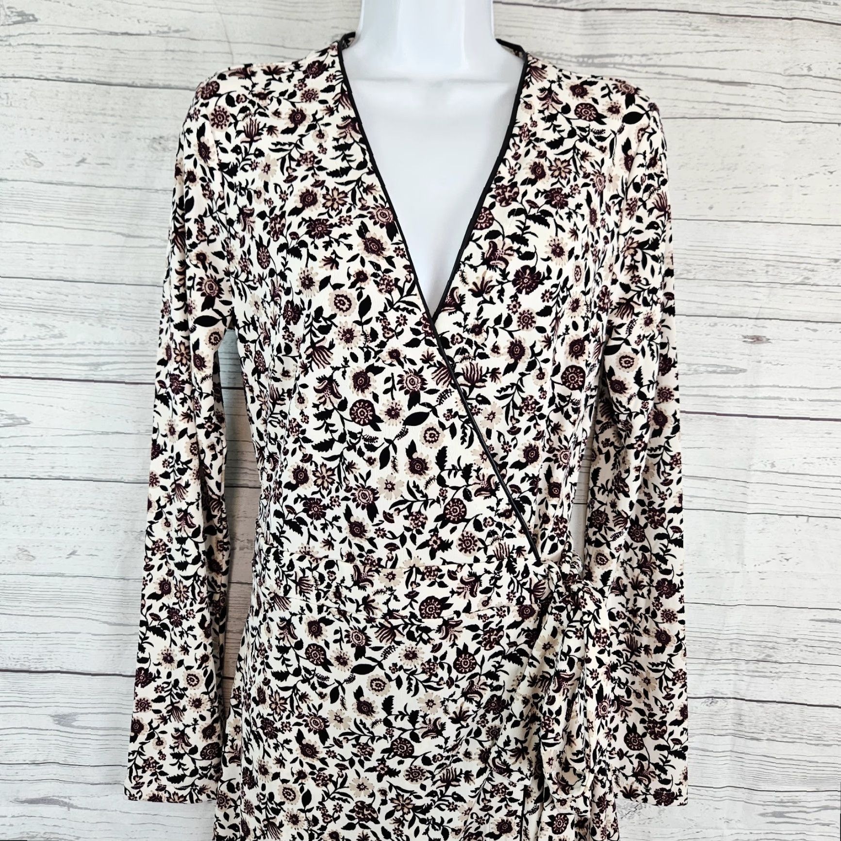 Ann Taylor Wrap Dress Womens Midi Size M Black Burgundy Floral Long Sleeve  - wpequipmentugltd.com