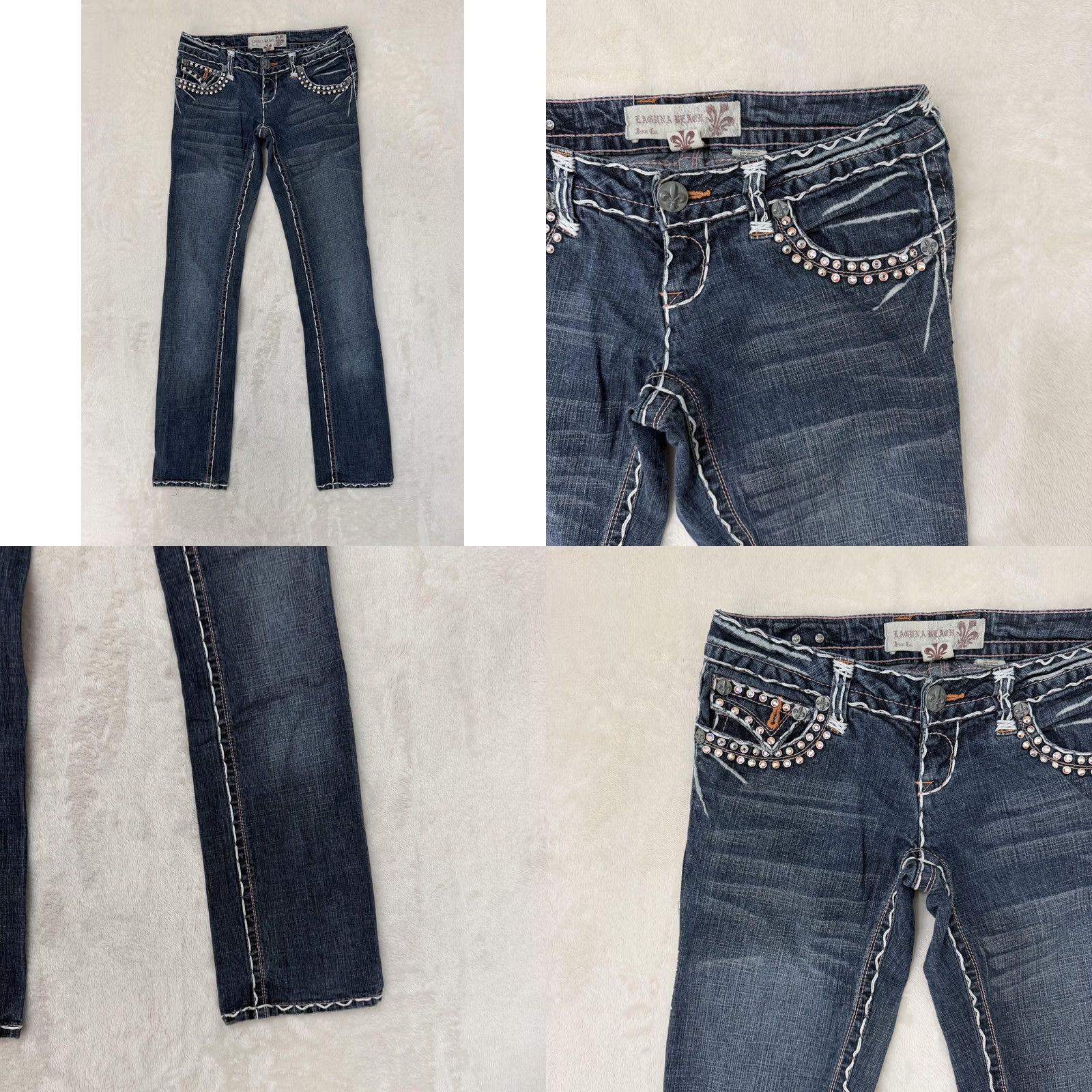 Vintage Laguna Beach Jeans Pants Womens 28x34 Low Rise Straight Rhinestone Cross Denim Blue 5-Pocket Distressed Mojave Style Mens Womens Size 29" - 8 Thumbnail
