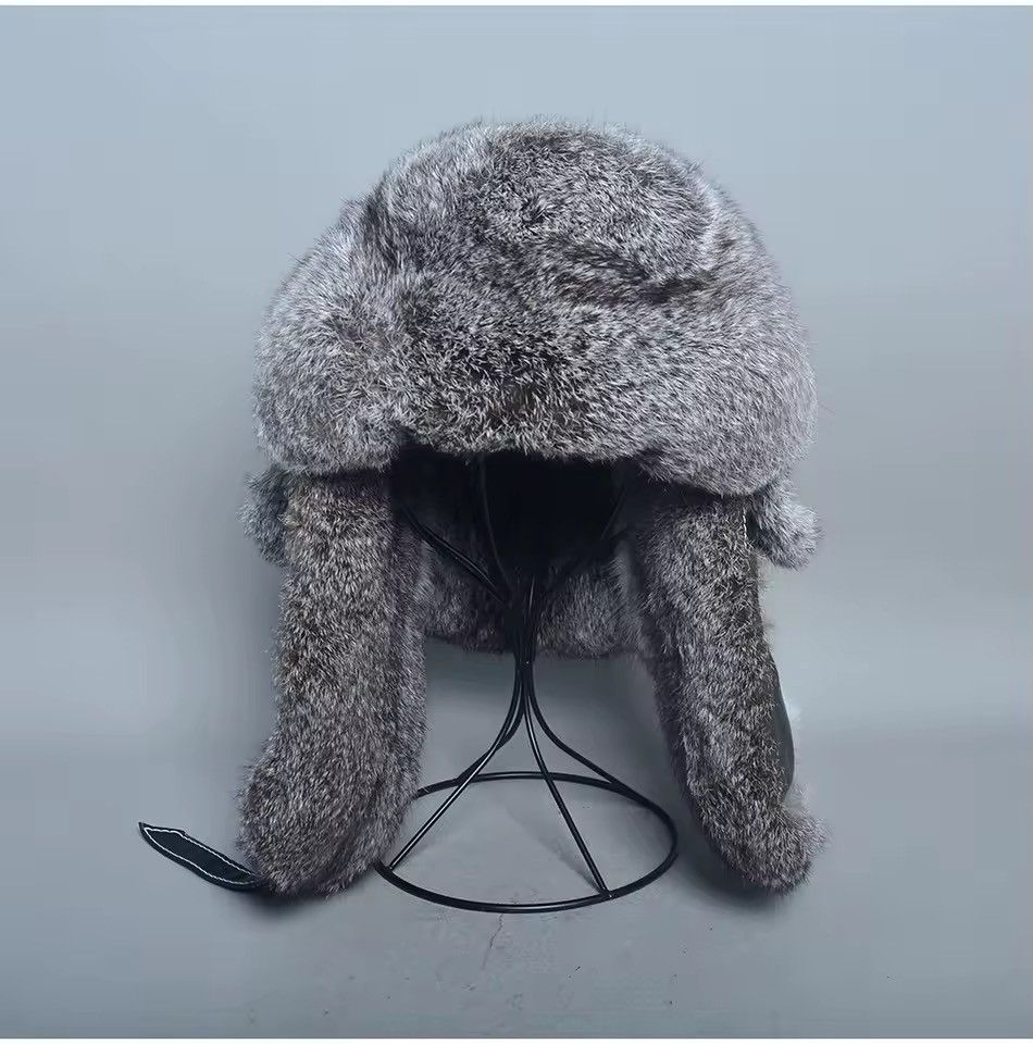 Genuine Leather Genuine Natural Rabbit Fur Leather Trapper Winter Hat Size ONE SIZE - 3 Thumbnail