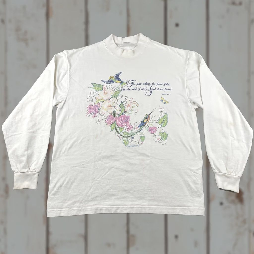 Anvil VINTAGE Anvil Shirt Long Sleeve XL White Floral Hummingbird 90s 80s Jesus Bible Isaiah 40:8 Mens Size US XL / EU 56 / 4 - 1 Thumbnail
