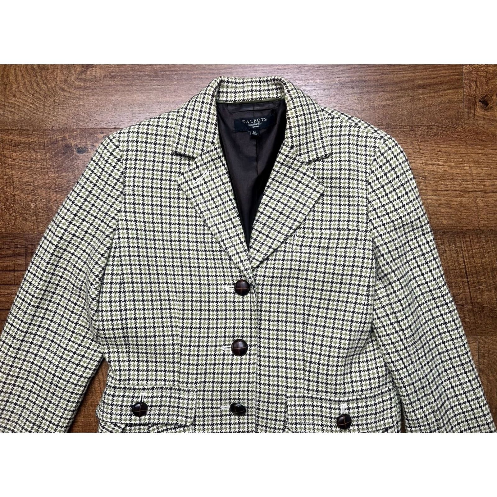 Talbots Talbots Houndstooth Blazer 6P Petite Wool Career Professional Women Jacket Blazer Notch Button Wood Buttons Black Size M / US 6-8 / IT 42-44 - 2 Thumbnail