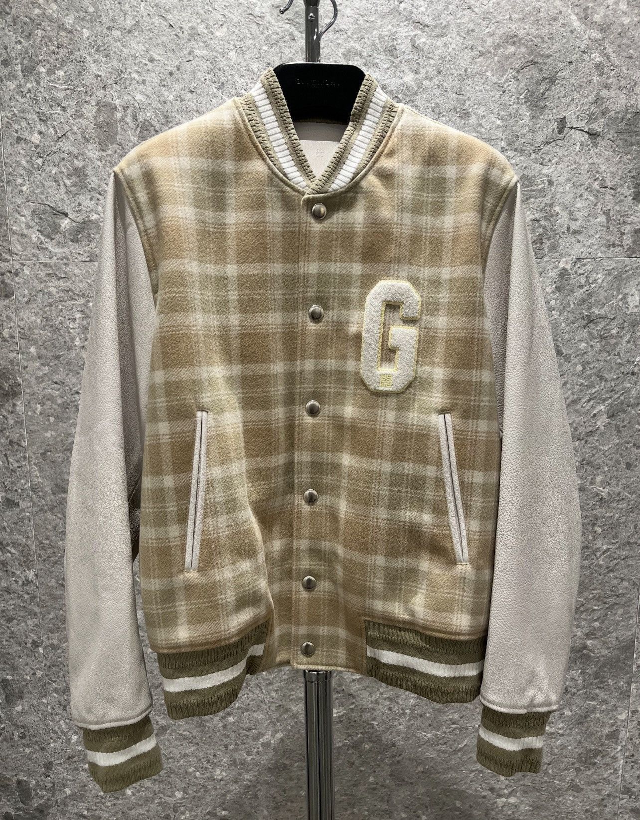 checked varsity bomber jacket