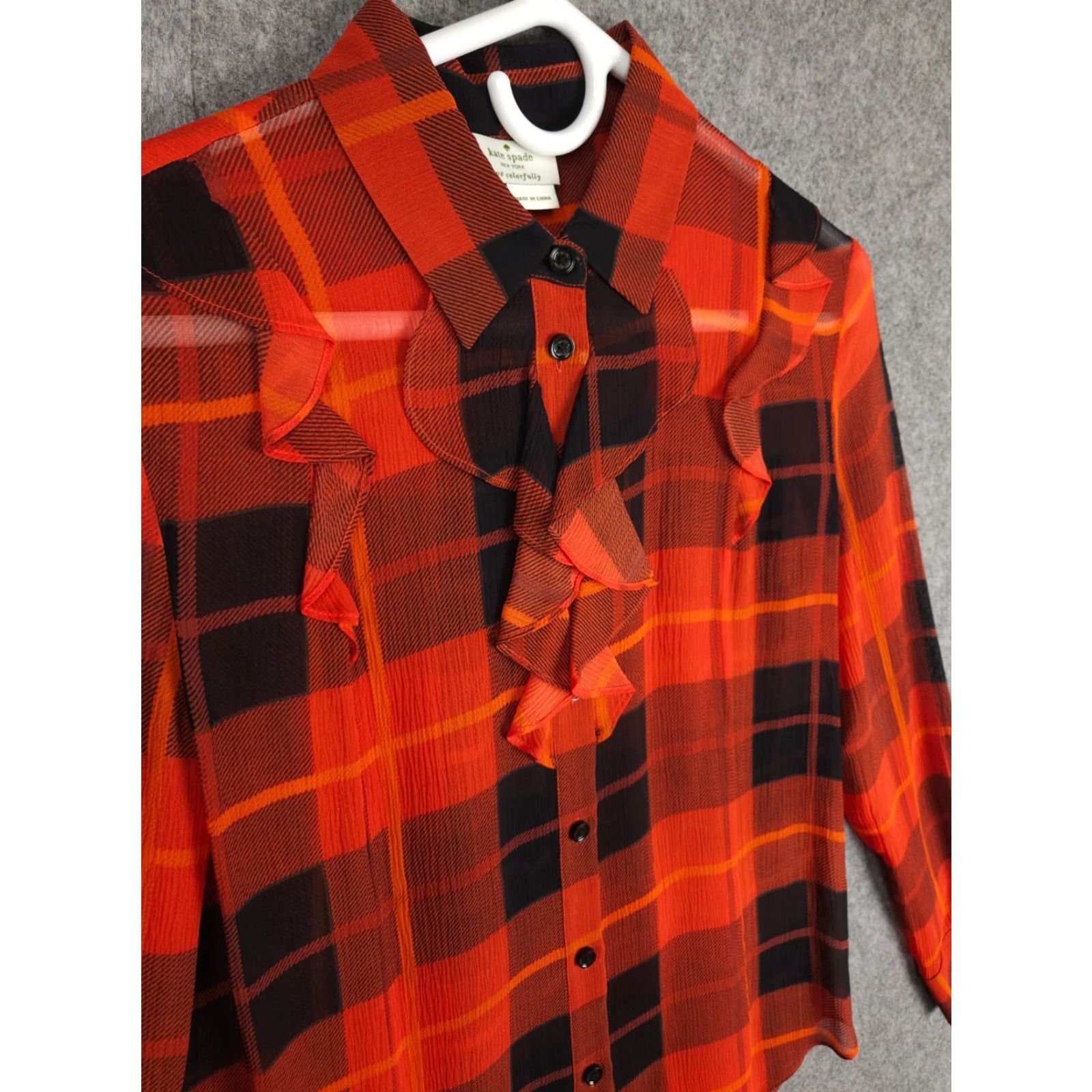 Vintage kate spade new york Blouse Womens Red Black Plaid Ruffle Woodland Chiffon 100% Silk Top 2 Size XS / US 0-2 / IT 36-38 - 3 Thumbnail
