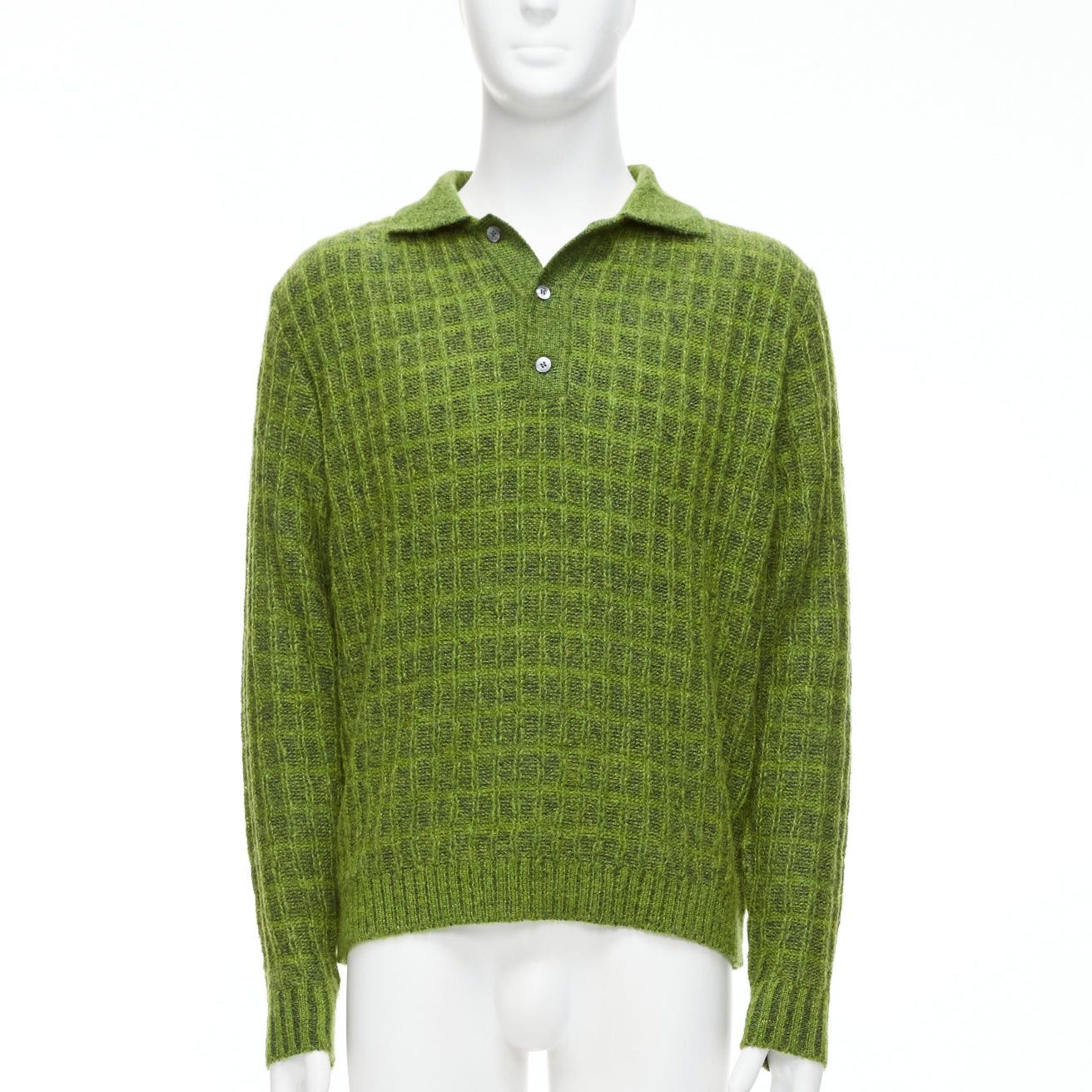 image of Gucci Vintage Green Mohair Blend Waffle Knit Buttons Polo Sweater M, Men's (Size Medium)