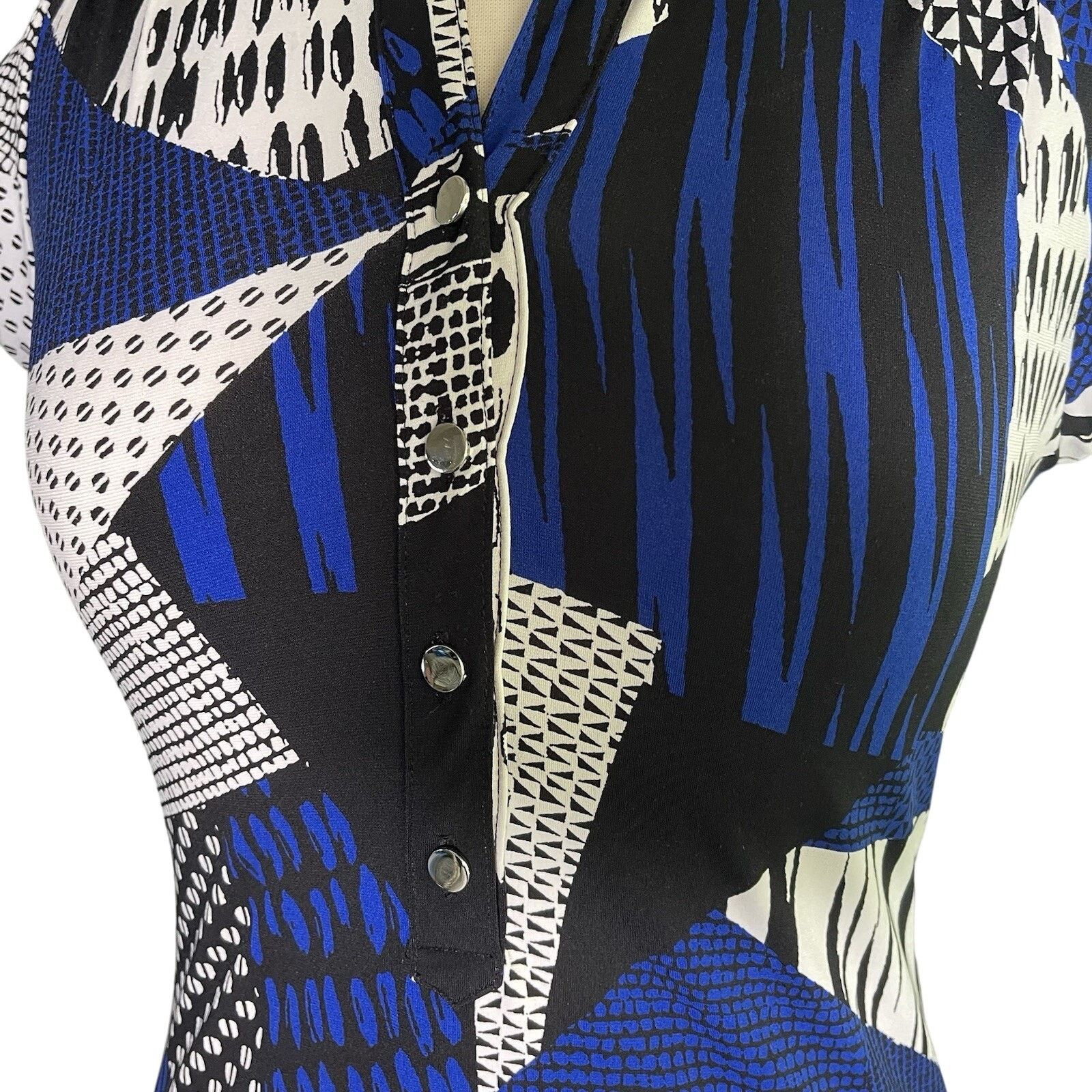 Alfani Alfani Short Sleeve Geometric Boho Blouse Blue Black P/S Size M / US 6-8 / IT 42-44 - 2 Thumbnail