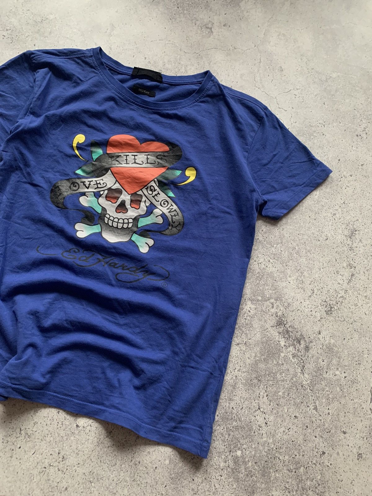 Christian Audigier × Ed Hardy Vintage 00s Ed Hardy Big Skull Logo Crazy Y2K Blue T Shirt Size US M / EU 48-50 / 2 - 2 Thumbnail