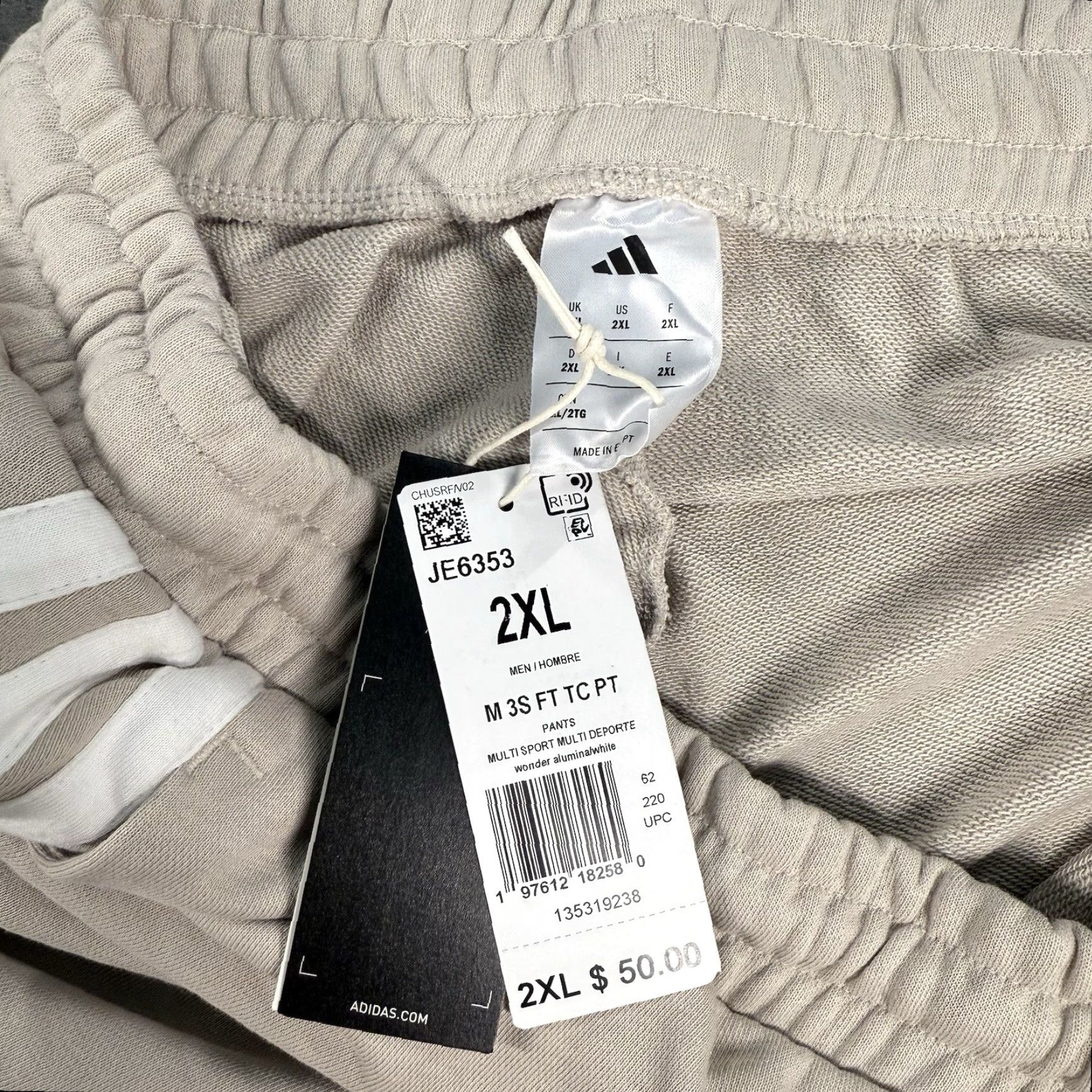 Adidas Adidas Pants Mens 2XL Beige Tan Khaki Tapered Cuff Sweatpant Jogger 3 Stripe Gym Size US 39 - 5 Thumbnail