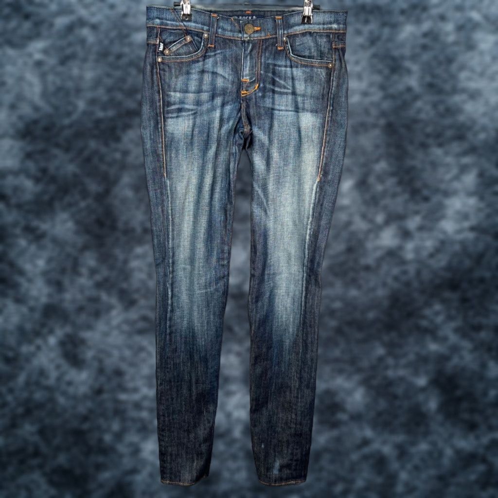 Vintage Rock & Republic Jeans Skinny Denim Distressed Dark Wash 28 Womens Regular Inseam 36" Blue Cotton Blend Pants Ladies Mens Girls Size 28" / US 6 / IT 42 - 1 Thumbnail