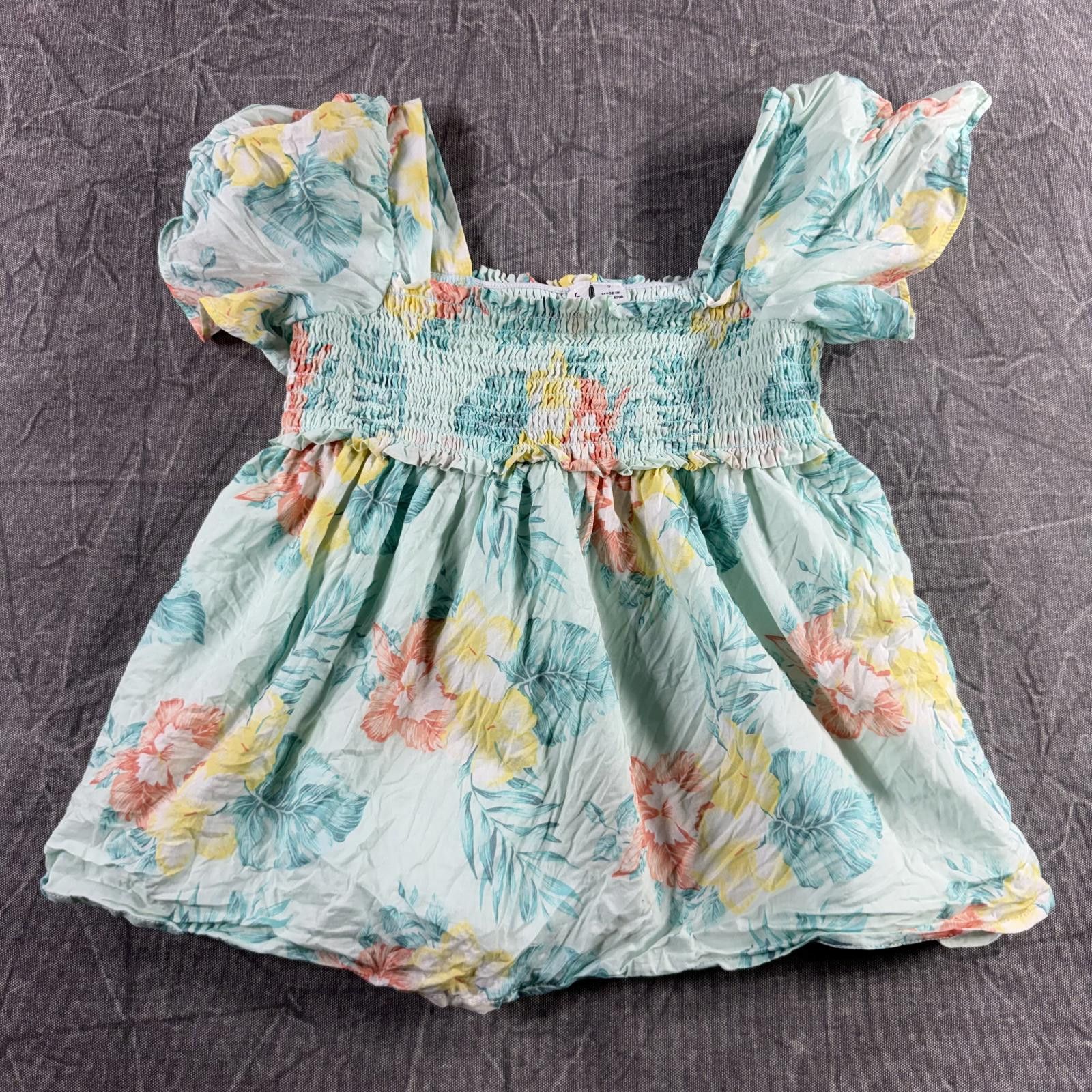 Other Janie and Jack Shirt Kid's 7Y Teal Hibiscus Smocked Green Size US XXS / EU 40 - 1 Thumbnail