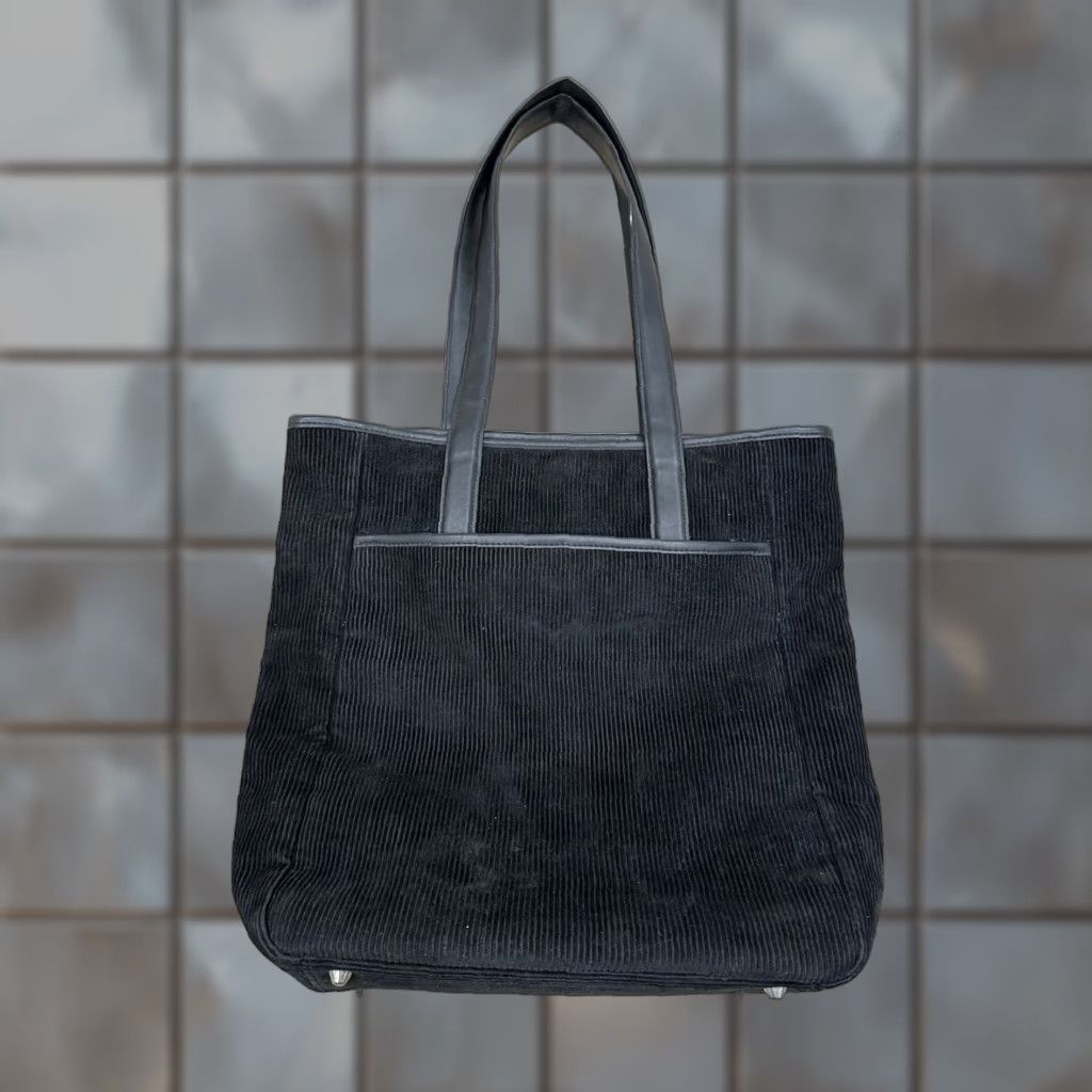 Max Mara Max Mara Black Corduroy Leather Trimmed Tote Shoulder Hand Bag Purse Size ONE SIZE - 1 Thumbnail