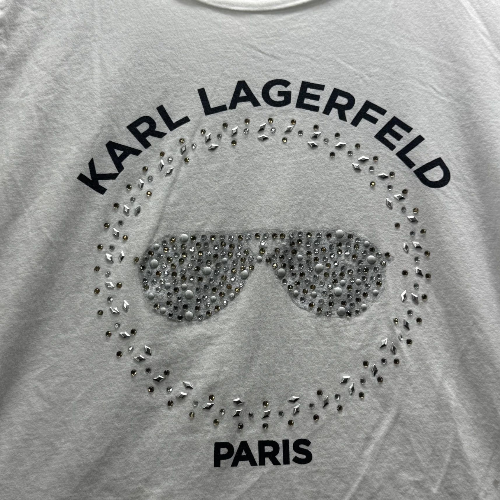 Karl Lagerfeld VINTAGE: No — Karl Lagerfeld Shirt Womens Large White Rhinestone Sunglasses Paris Graphic Tee Size L / US 10 / IT 46 - 3 Thumbnail