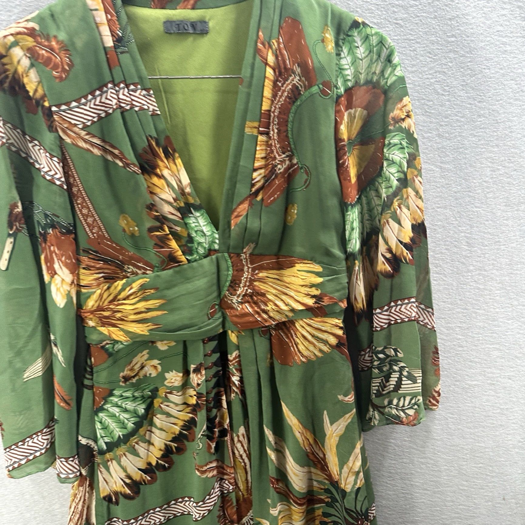 Vintage TOV Dress Womens S Green Silk Lined Feather Bohemian V-Neck Knee Length Vintage No Size S / US 4 / IT 40 - 5 Thumbnail