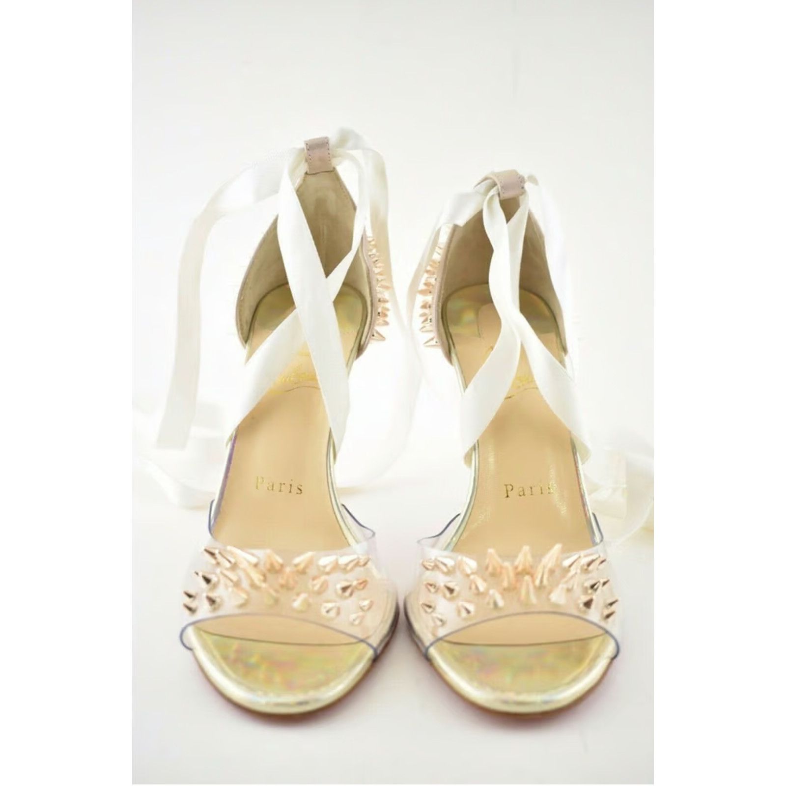Christian Louboutin Barbarissima 100 Nude Gold PVC Lace Up Sandal Heel Pump 35.5 Size US 5.5 / IT 35.5 - 8 Thumbnail