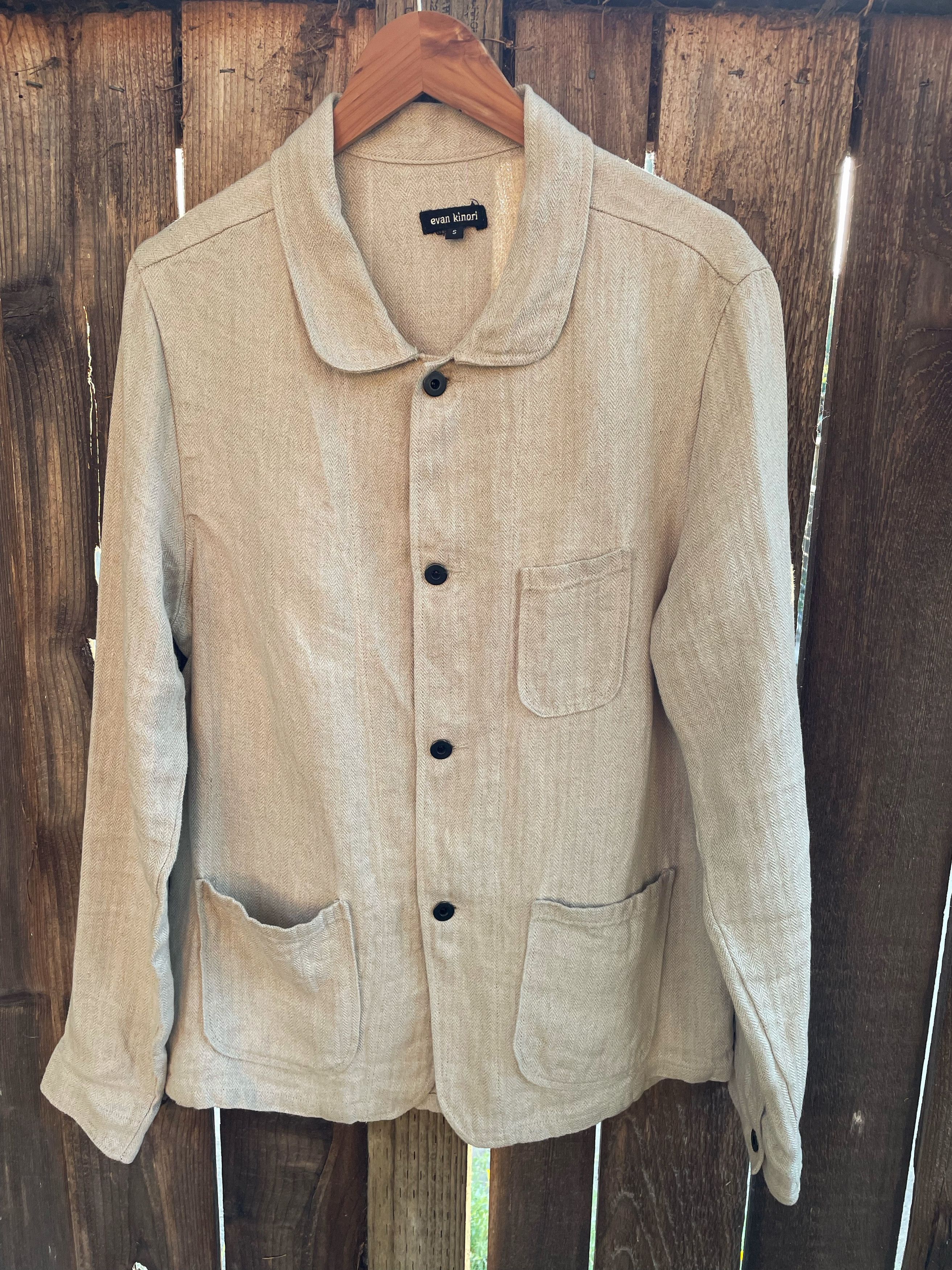 image of Evan Kinori Natural Linen Herringbone Three Pocket Jacket, Men's (Size Small)