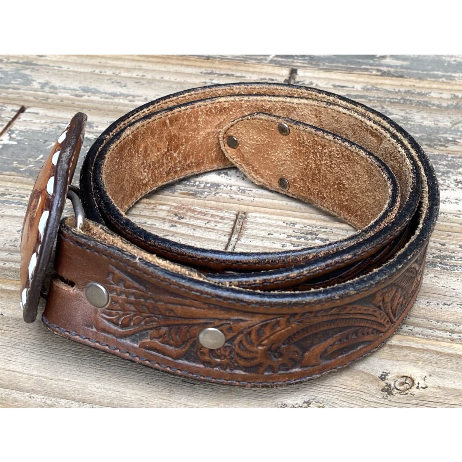 Tony Lama VINTAGE Tony Lama Belt Buckle Leather Belt Tooled Leather Belt Eagle Cowboy Core 38 Brown Unisex Adult Rockabilly 1970s Western Cowboy Theme Size ONE SIZE - 3 Thumbnail