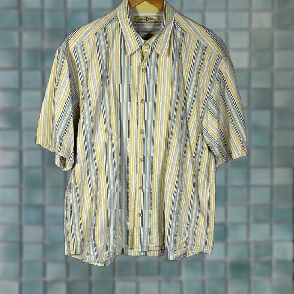Tommy Bahama Tommy Bahama Shirt Striped Short Sleeve Silk Blend Yellow Blue XL Mens Button-Up Blue XL Mens 90s Size US XL / EU 56 / 4 - 1 Thumbnail