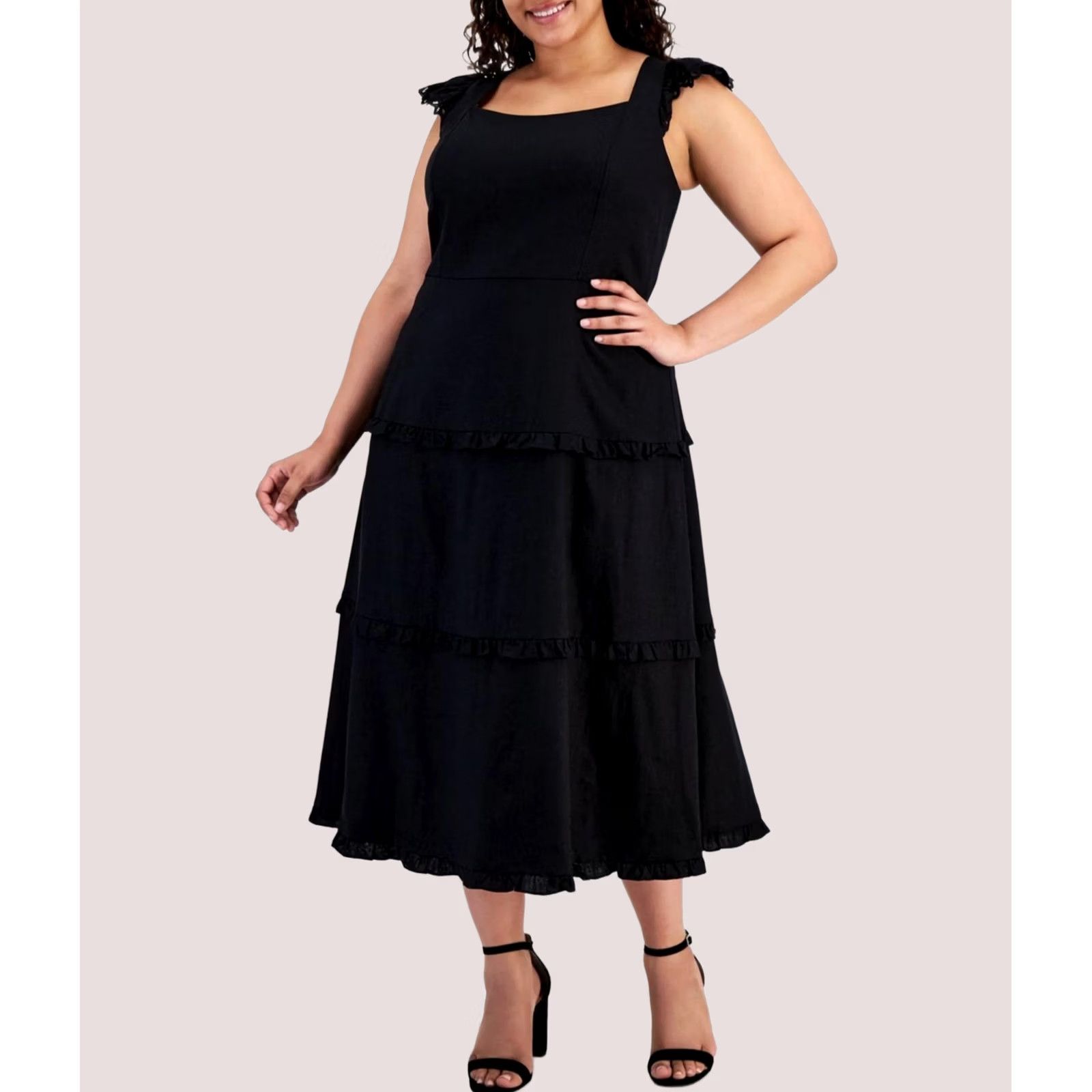 Anne Klein Anne Klein Womens Ruffle Trimmed Tiered Midi Dress Black Plus Size 22W Size 3XL / US 20-22 - 1 Thumbnail