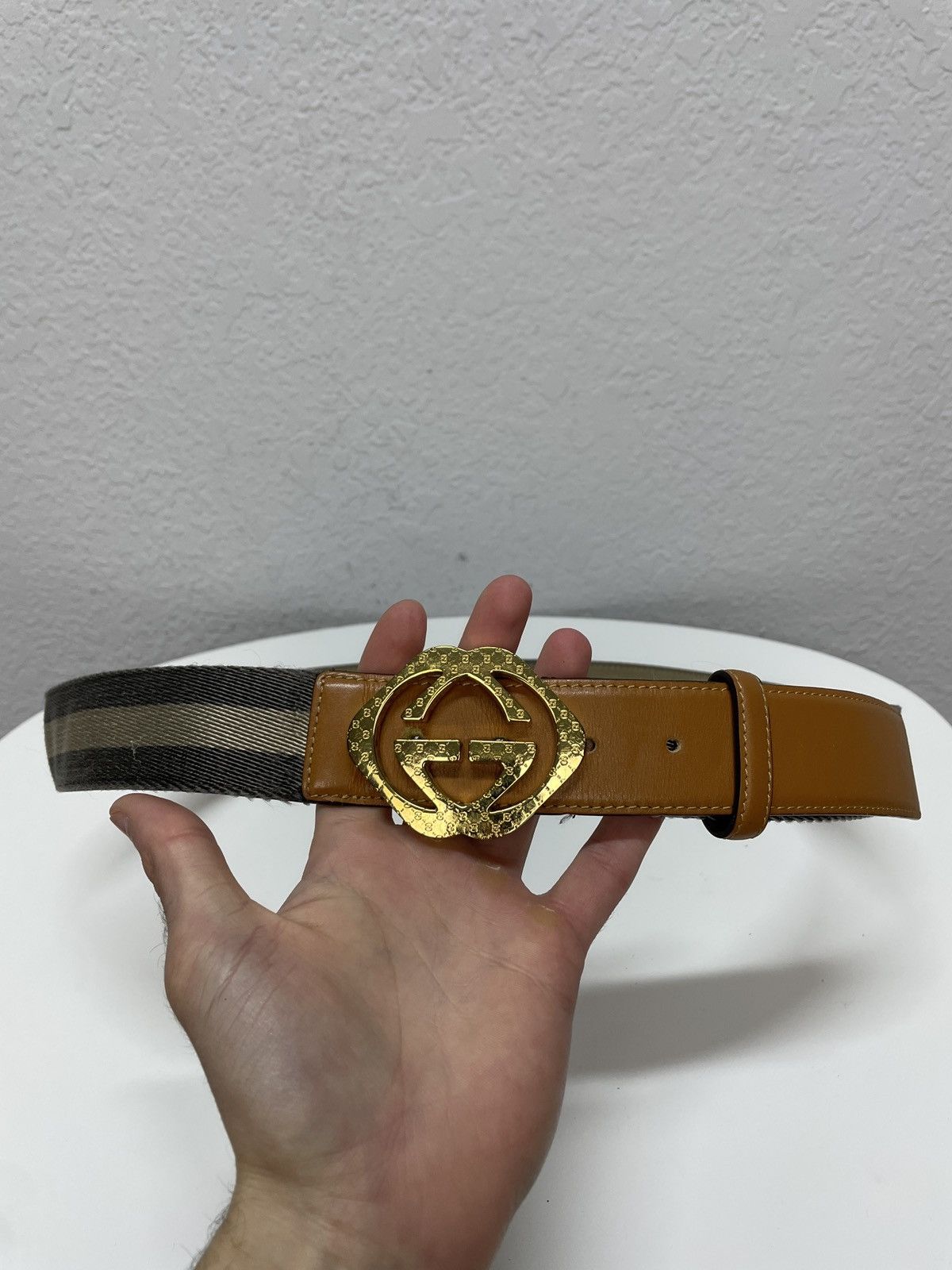 Gucci Gucci Vintage Monogram Gold Logo Bukle Leather x Canvas Mix Size 34 - 1 Thumbnail