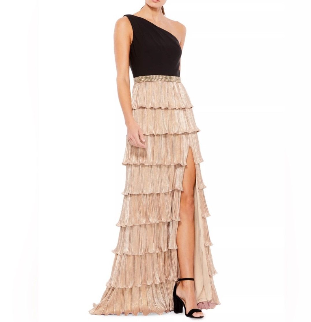 image of Mac Duggal By Leena One Shoulder Ruffled Tiered Gown in Black/Gold, Women's (Size Small)