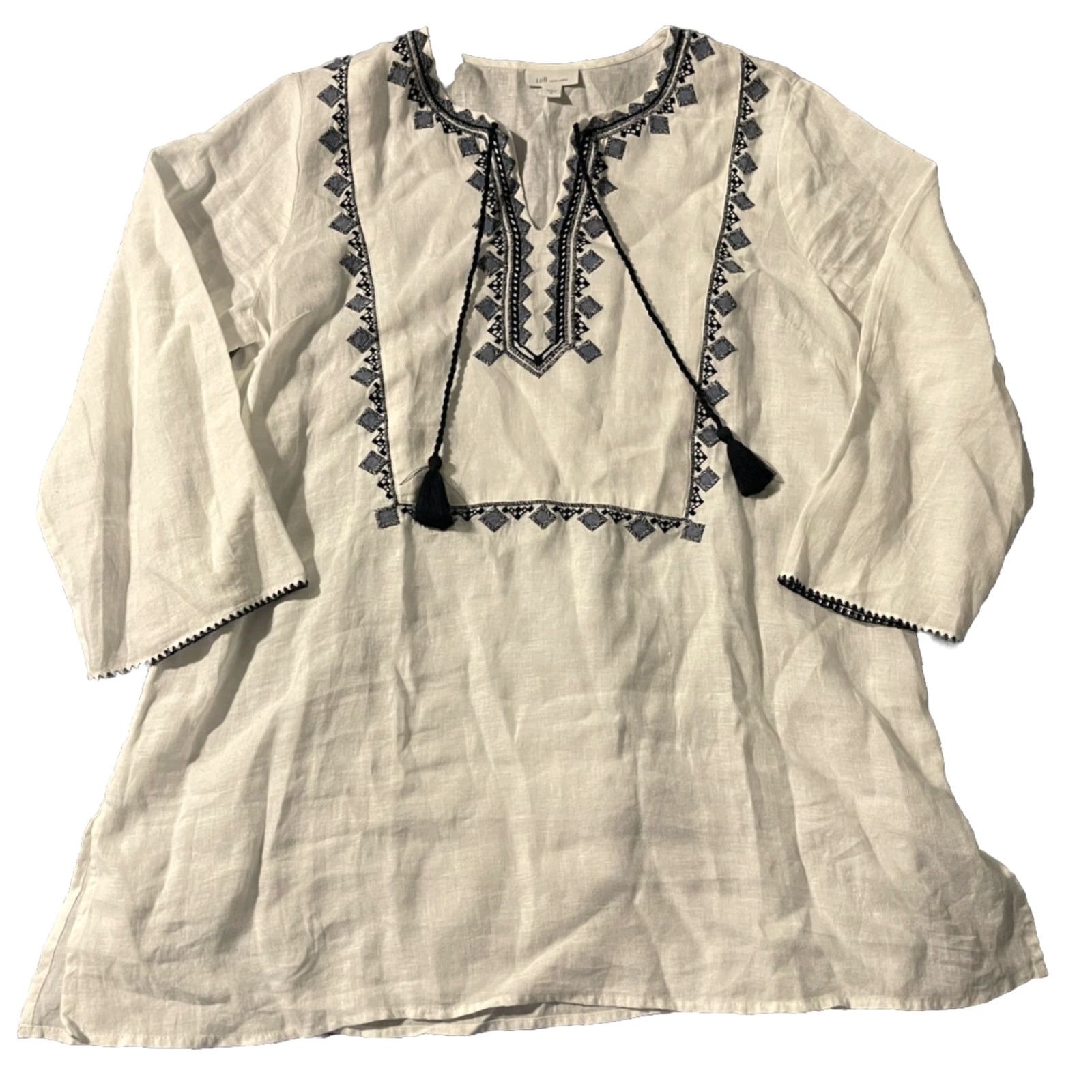 J. Jill J.Jill Linen Embroidered Tunic Sz M White 3/4 Sleeve Split Neckline Womens Tunic Linen Embroidered Tunic All Seasons Medium Dated: None Size M / US 6-8 / IT 42-44 - 5 Thumbnail