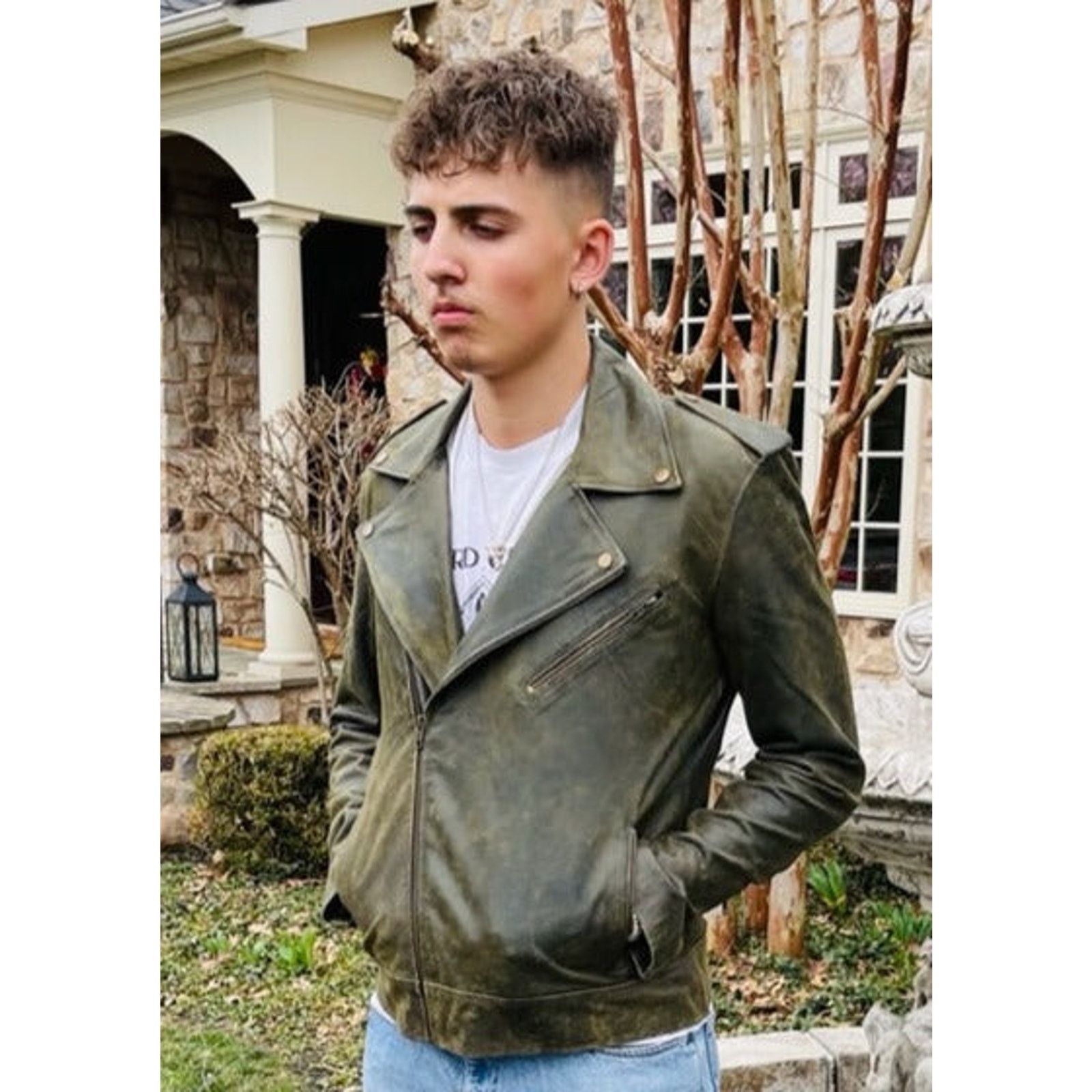 & Other Stories Simon Green Distressed Goat Leather Moto Jacket Size US L / EU 52-54 / 3 - 2 Thumbnail