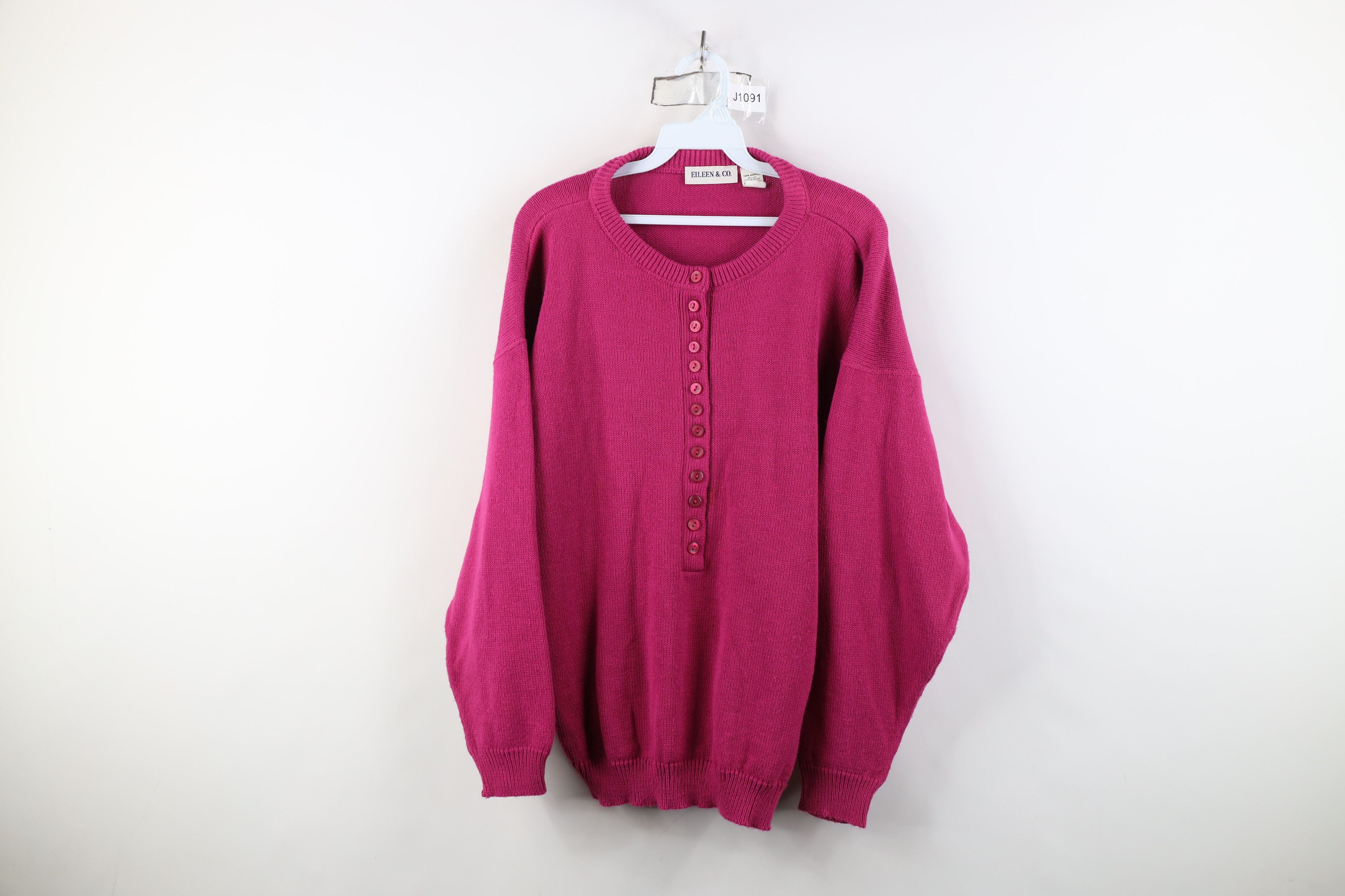 Vintage Vintage 90s Streetwear Ribbed Knit Henley Sweater Magenta Size L / US 10 / IT 46 - 1 Thumbnail