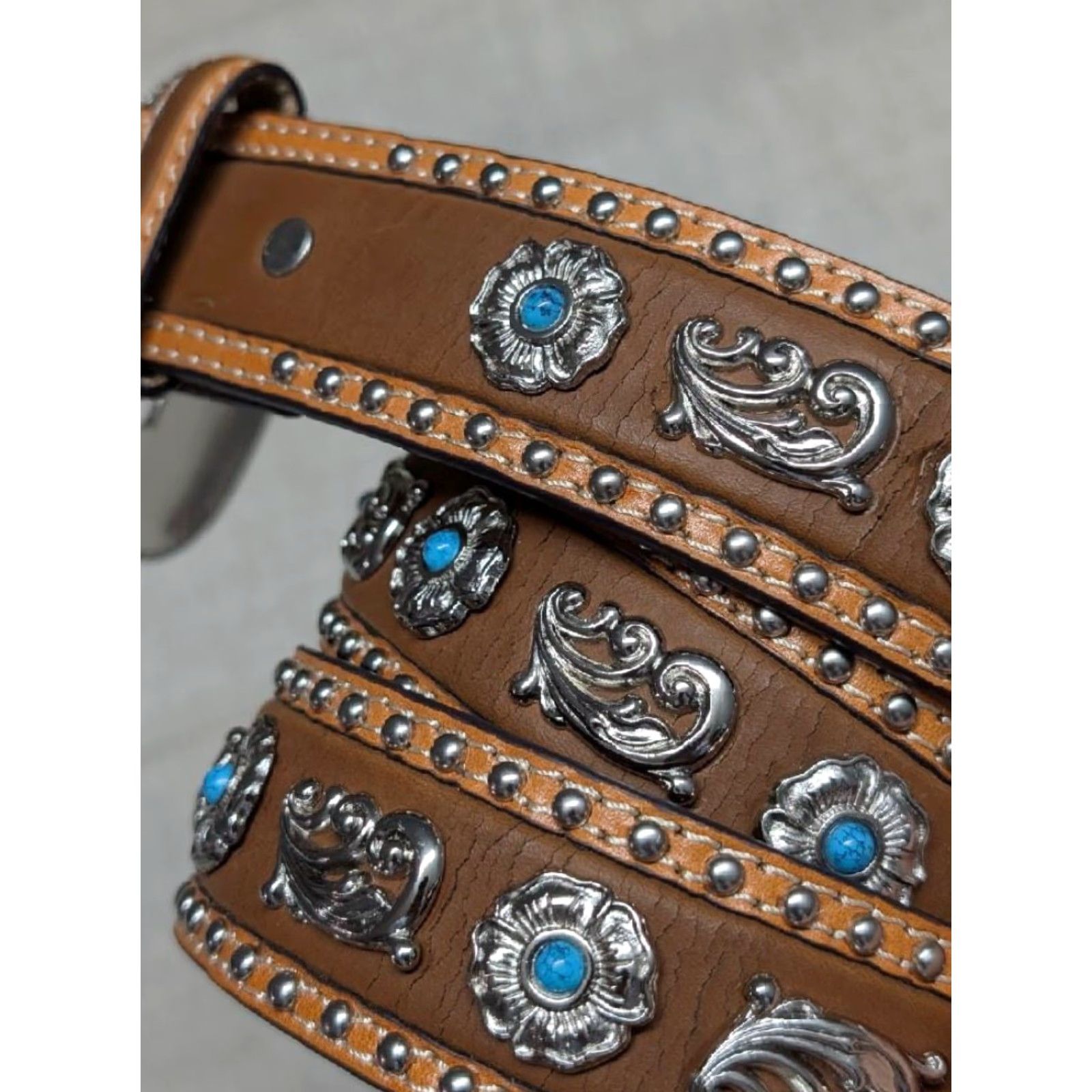 Vintage VINTAGE NOCONA belt western Studded tooled leather 38 TURQUOISE brown Concho Southwestern Texas Lonestar Mens Belt 1-1/2" Adult 38 Size 38 - 2 Thumbnail
