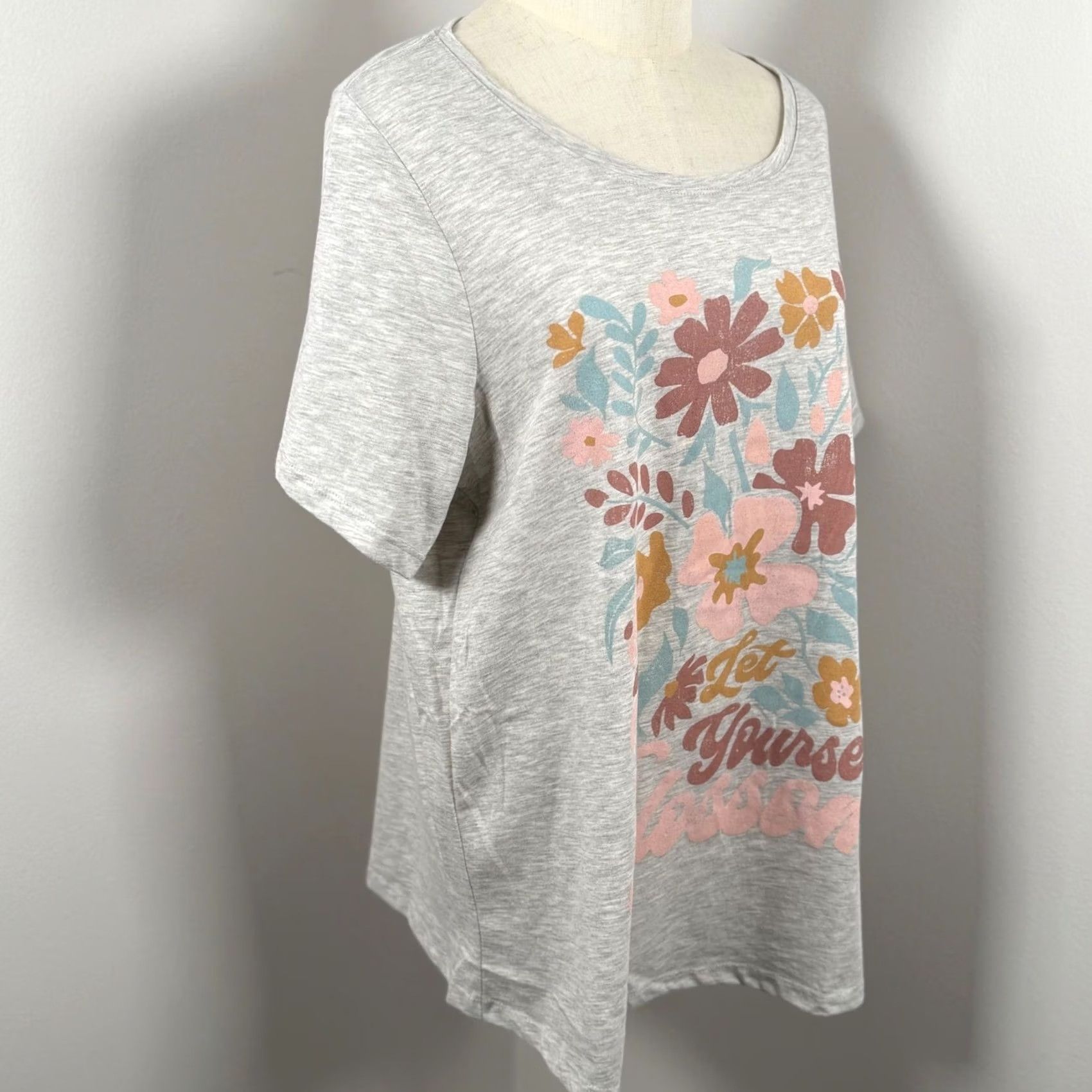 VIBE Womens 0X T Shirt Gray Floral Positive Vibes Graphic Boho Soft Cottage Nature Size XL / US 12-14 / IT 48-50 - 4 Thumbnail
