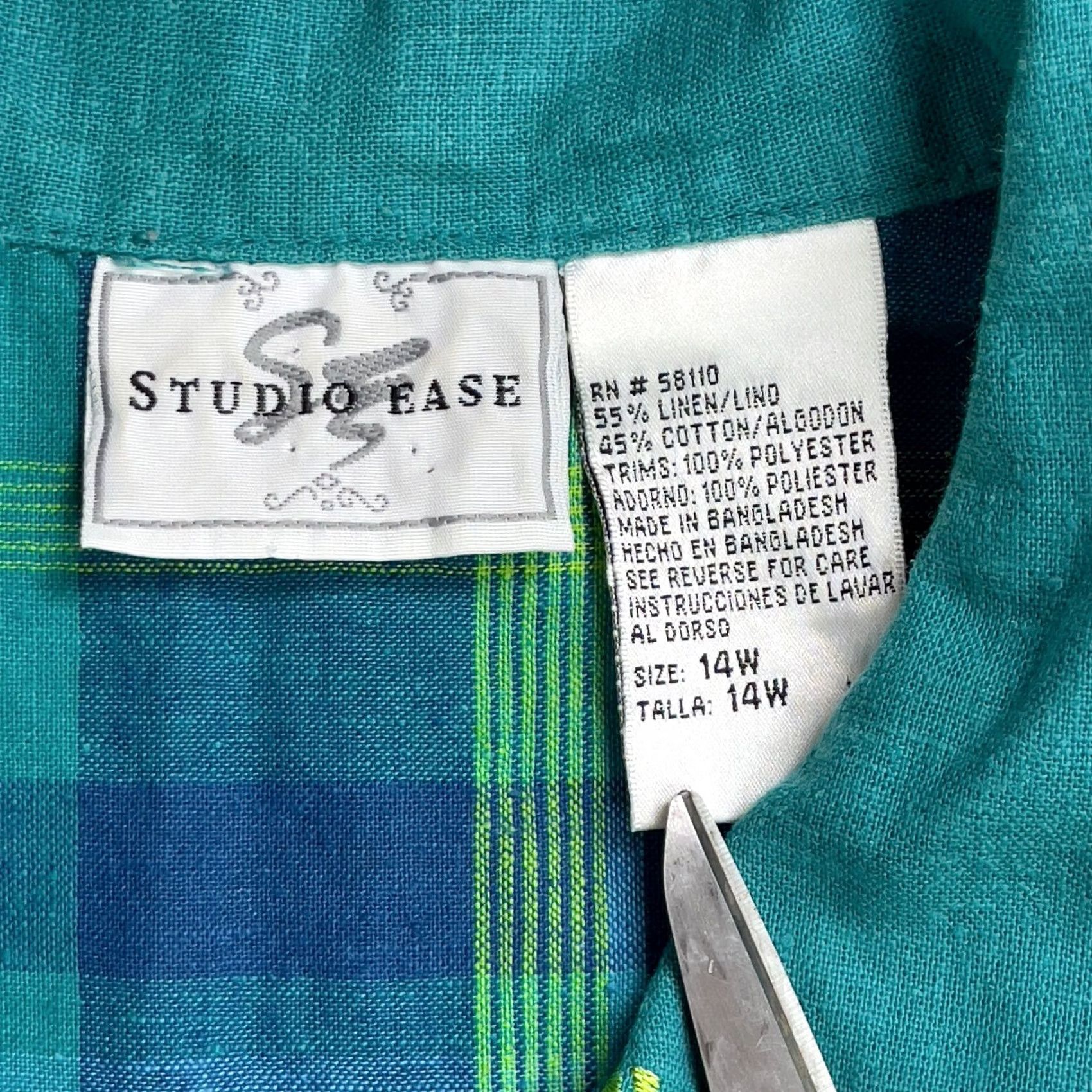 Vintage Studio Ease Shirt Womens 14W Blue Green Plaid Button Down Linen Cotton Blouse Size XL / US 12-14 / IT 48-50 - 3 Thumbnail