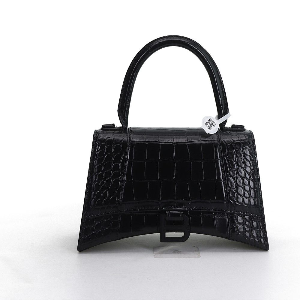 Balenciaga Hourglass Crocodile Embossed Handle Bag in Black, Women's