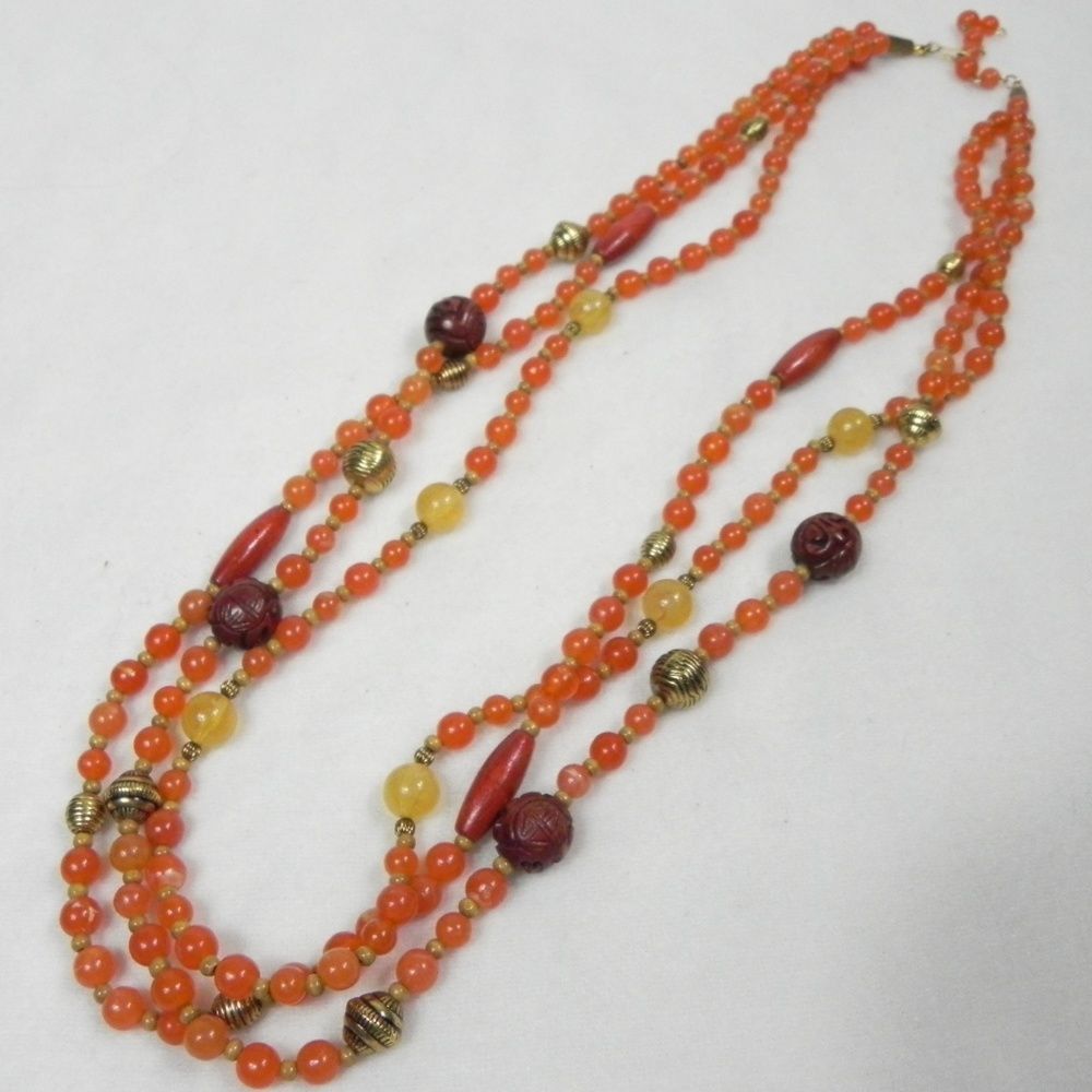 Other Vintage Avon Orange Gold Beaded Necklace Triple 70s 17" Size ONE SIZE - 2 Thumbnail