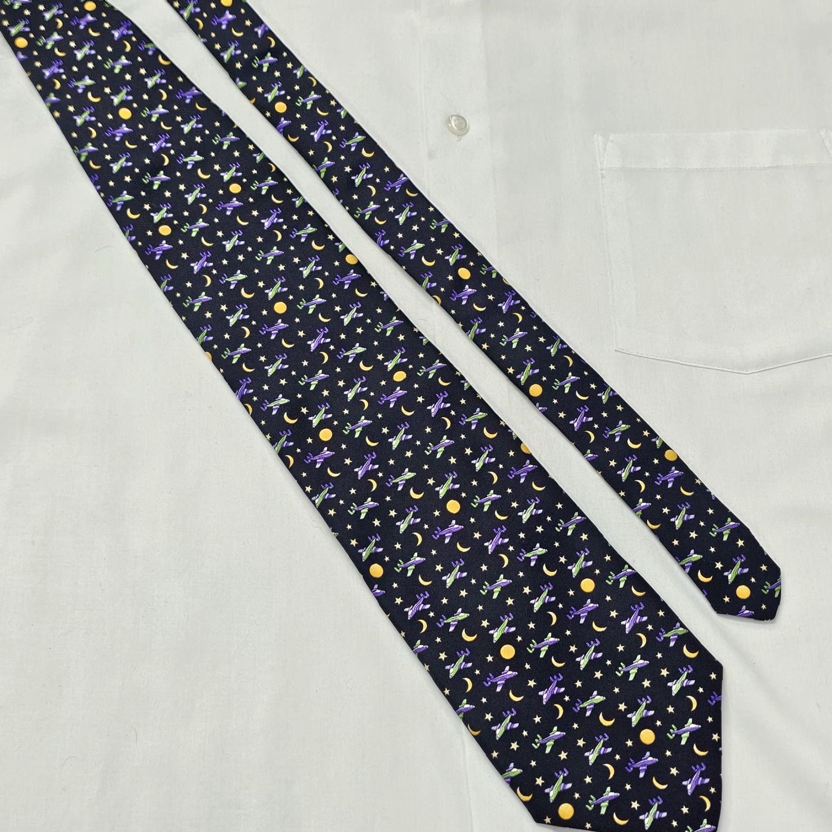 Robert Talbott Robert Talbott Silk Necktie Men's Airplane Black Purple Green Gold Moon Stars 58" X 4" Multicolor Night Sky Abstract Aerospace Designer Tie Mens Size ONE SIZE - 4 Thumbnail