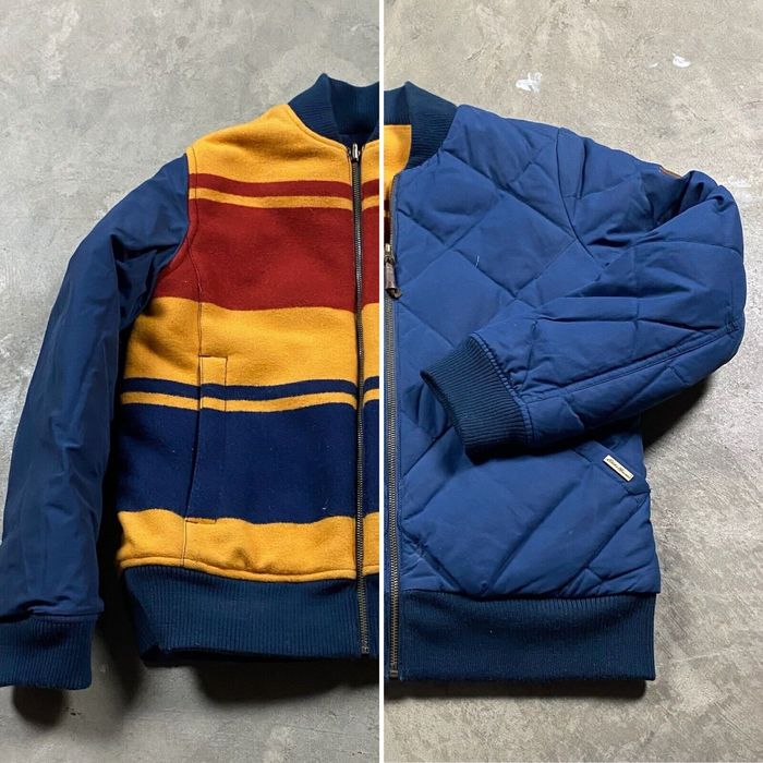 Eddie Bauer EDDIE BAUER Down Quilted Bomber S Jacket Skyliner Reversible Striped Goose Navy