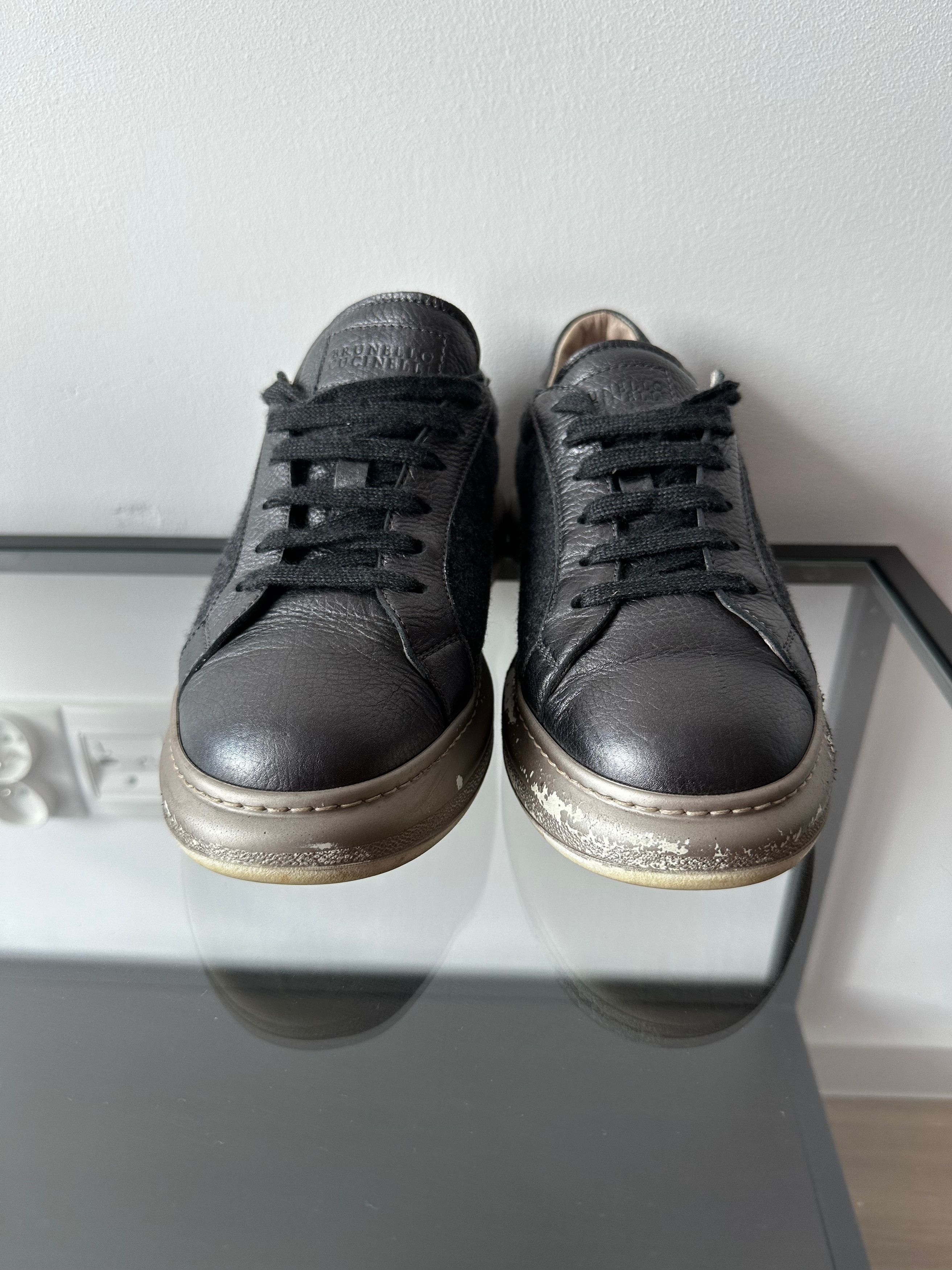 Brunello Cucinelli Brunello Cucinelli Dark Grey Wool Leather Platform Sneakers Size US 8.5 / IT 38.5 - 3 Thumbnail