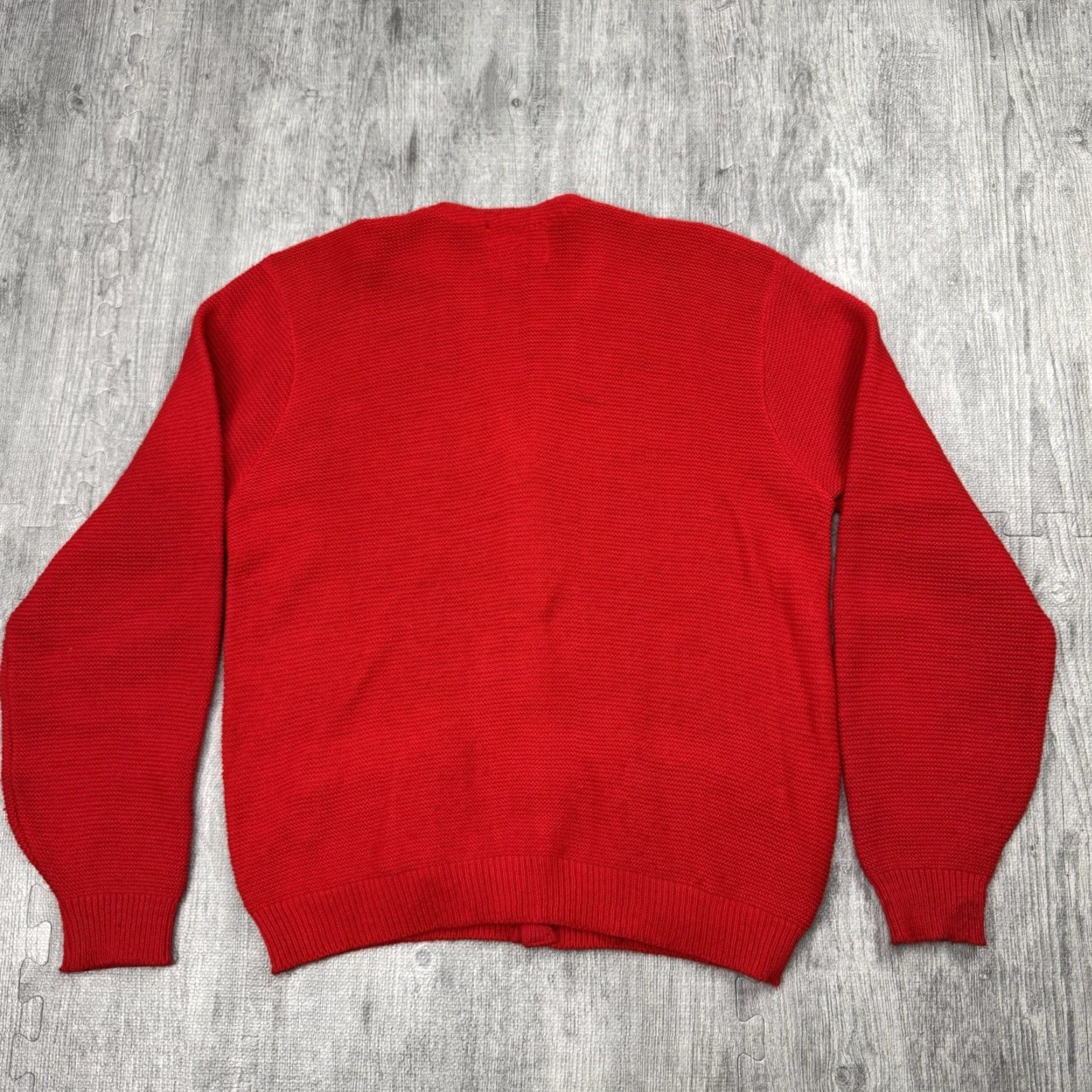 Vintage VINTAGE P & T KNITWEAR CARDIGAN Men's Large Cherry Red Knitwear with Suede Elbow Patches 50s Size US L / EU 52-54 / 3 - 8 Thumbnail