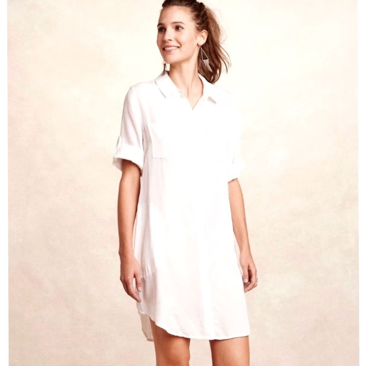 Vintage Cloth & Stone Shirt Dress Ivory Pockets Roll Tab Sleeve Short Dress Women S Lyocell Cream Shirt Dress Womens Size S / US 4 / IT 40 - 2 Thumbnail