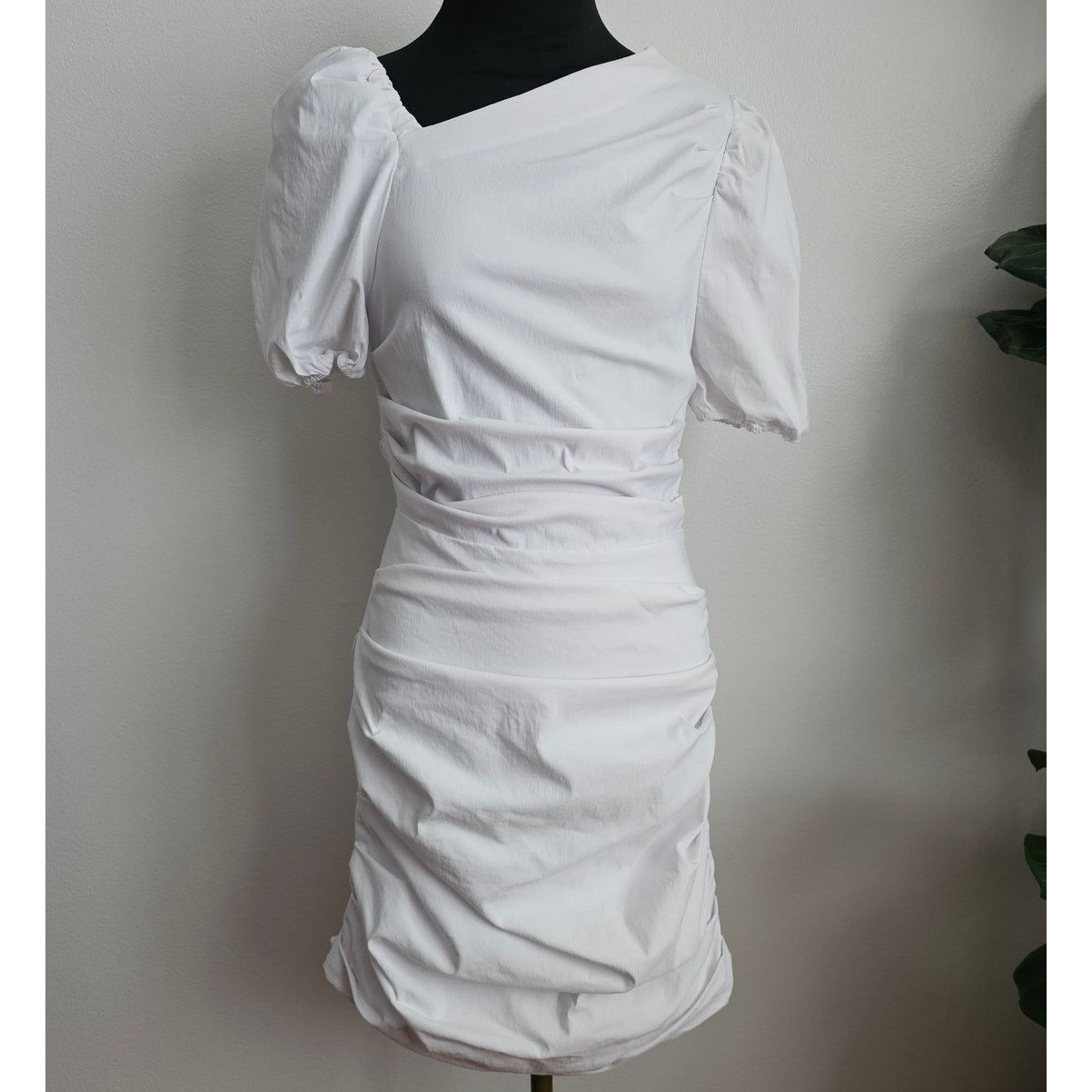 MAEVE Anthropologie White Slim Puff-Sleeve Ruched Dress S