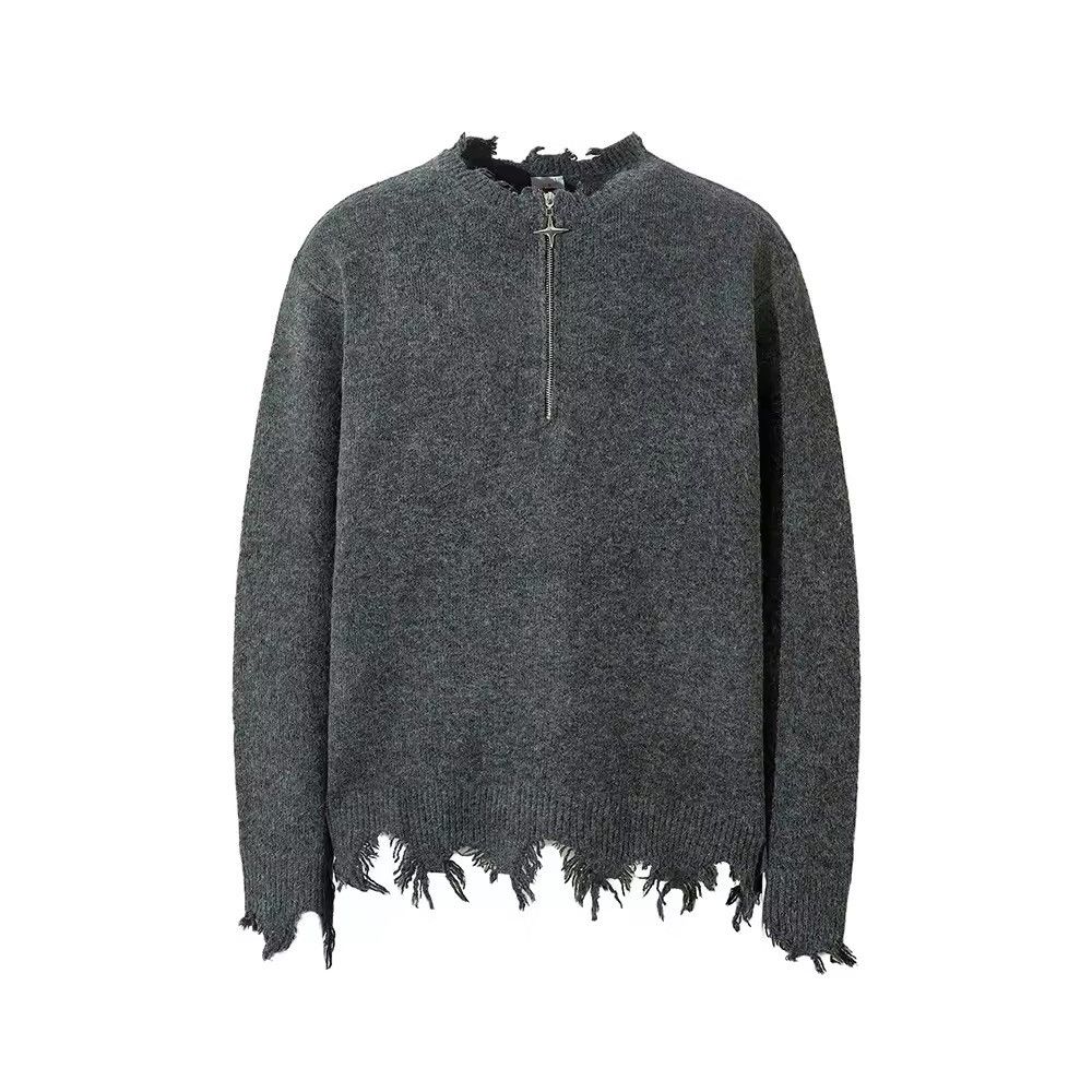 Streetwear Design Zipper Frayed Ripped Baggy Sweater Jumper
