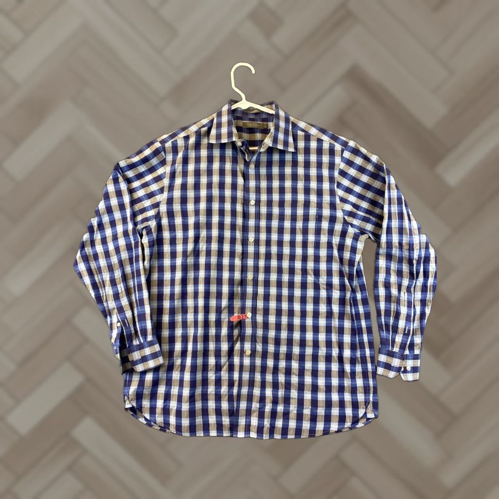 Cremieux VINTAGE Daniel Cremieux Dress Shirt Blue & Brown Check Geometric Cotton Long Sleeve Collared 16 Neck L Men’s/Business 79-11 Size 42R - 1 Thumbnail