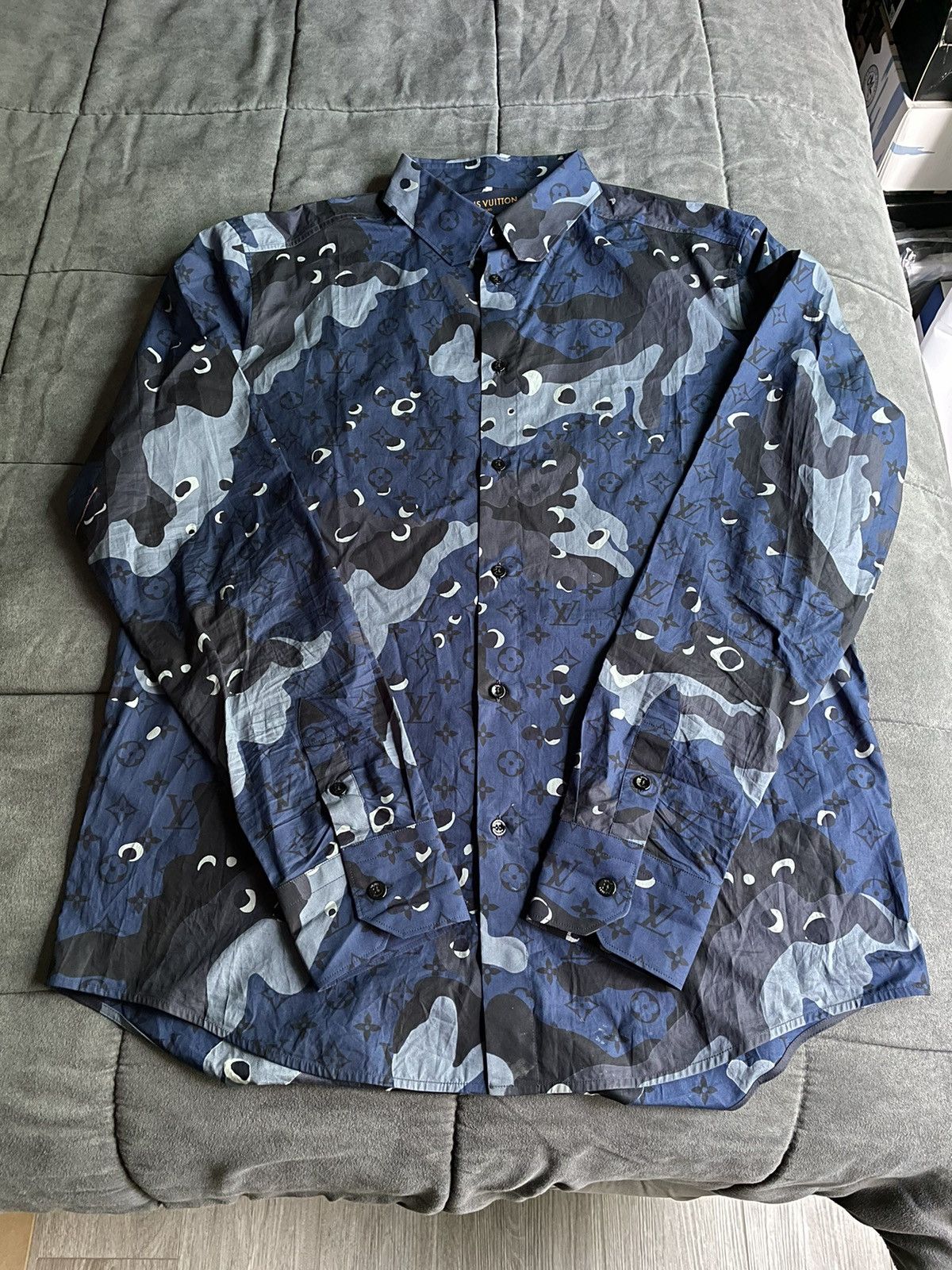 image of Louis Vuitton Blue Camo Monogram Shirt, Men's (Size XL)
